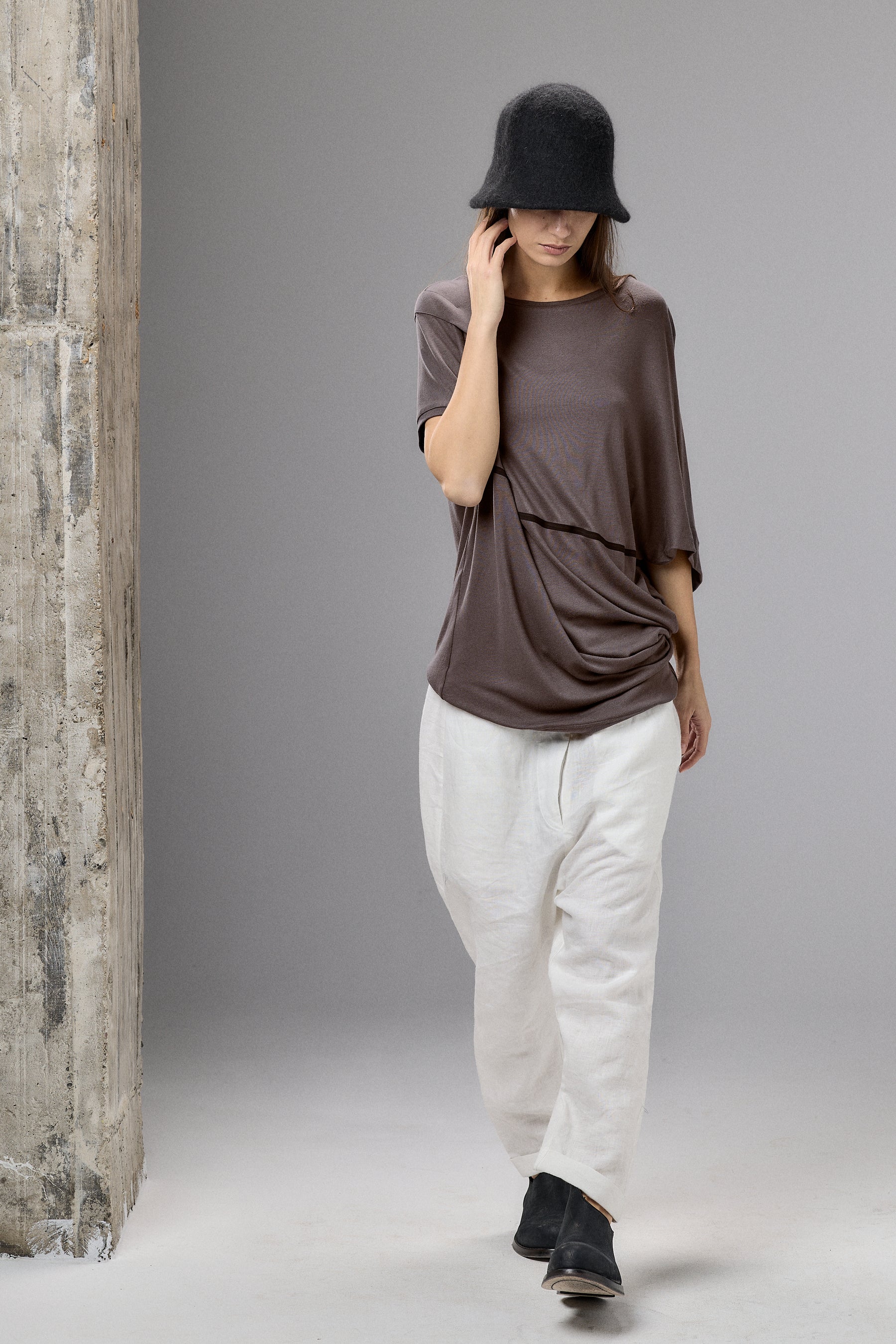 ASYMMETRICAL DRAPED BLACK BLOUSE