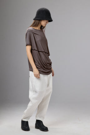 ASYMMETRICAL DRAPED BROWN-GRAY BLOUSE