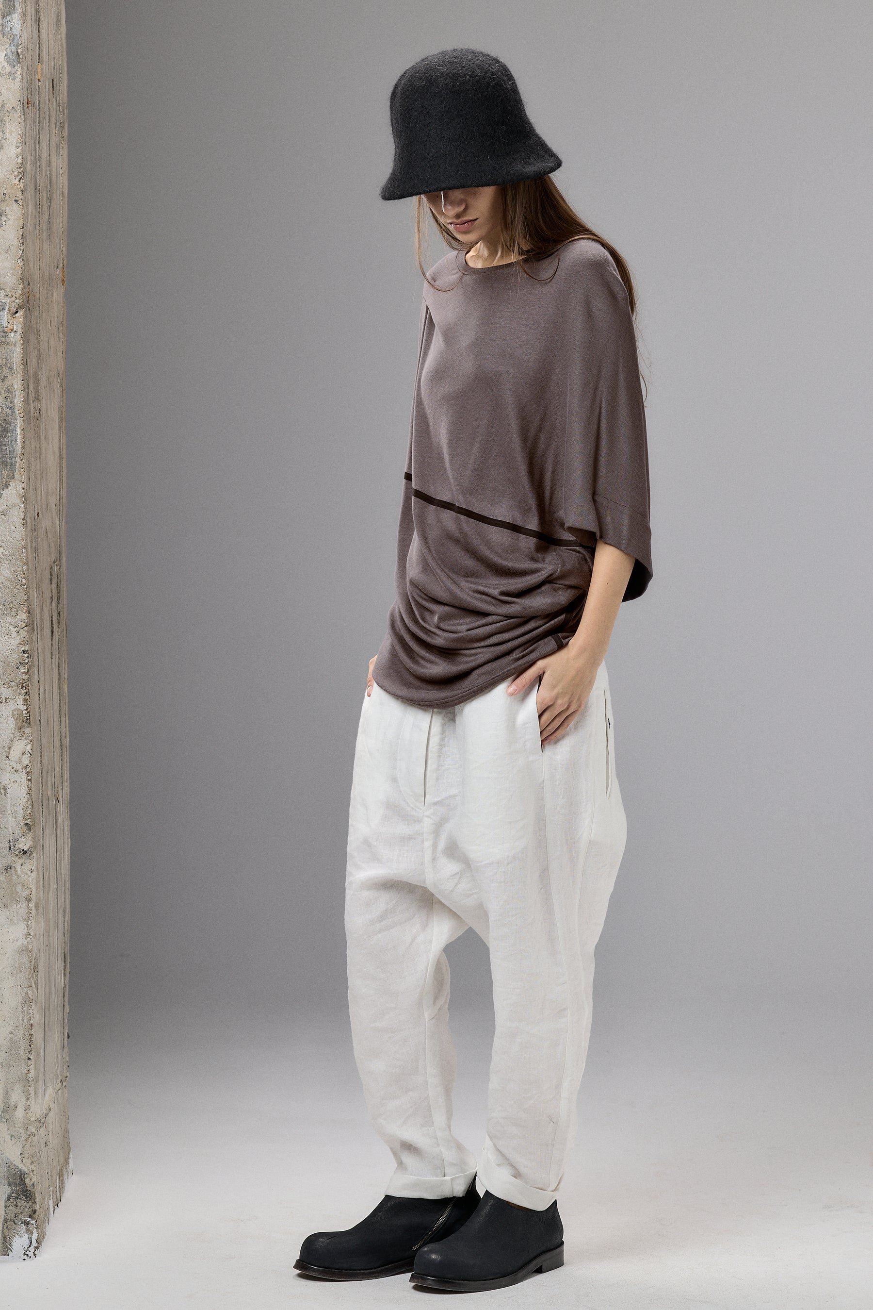 ASYMMETRICAL DRAPED BROWN-GRAY BLOUSE