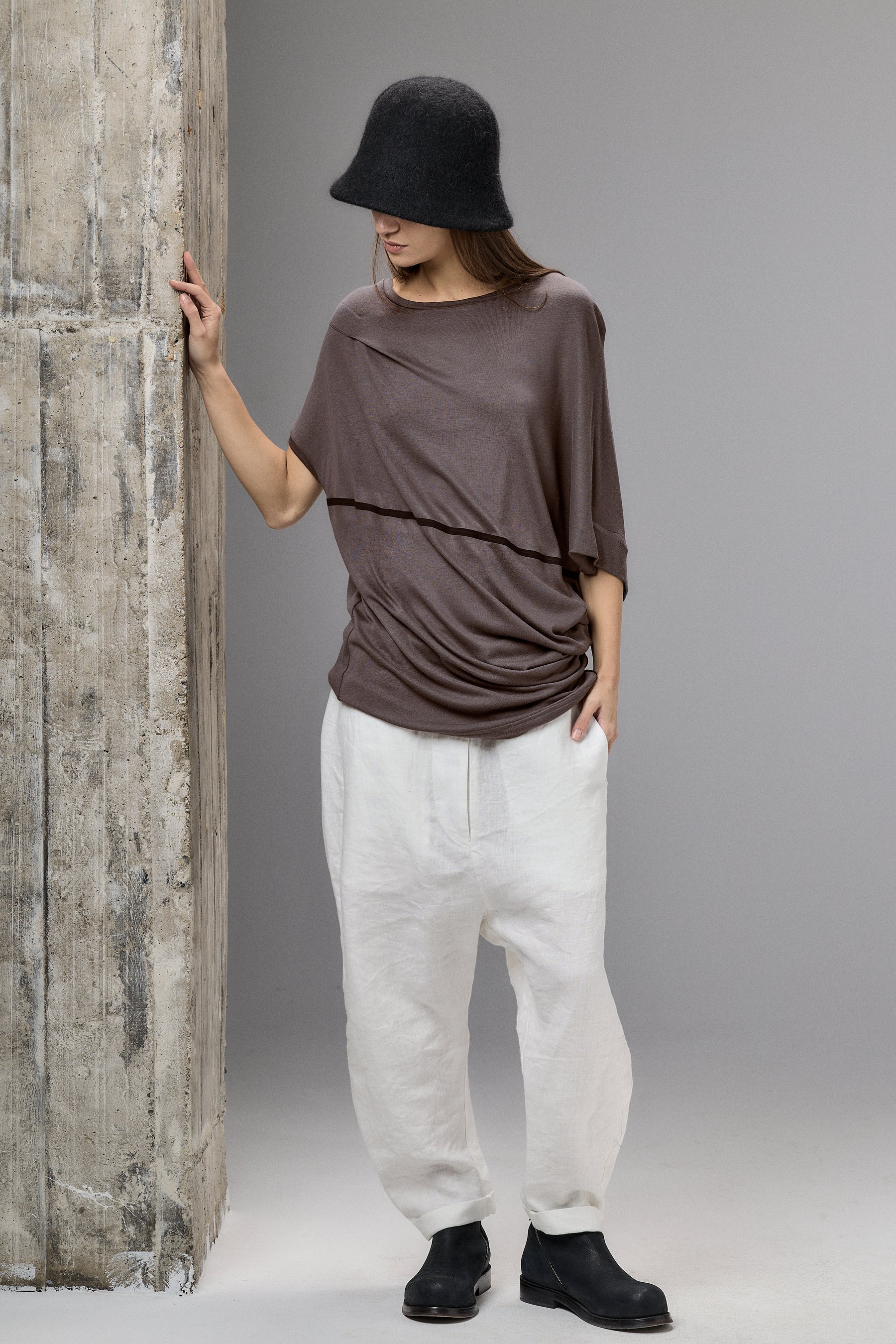 ASYMMETRICAL DRAPED BROWN-GRAY BLOUSE