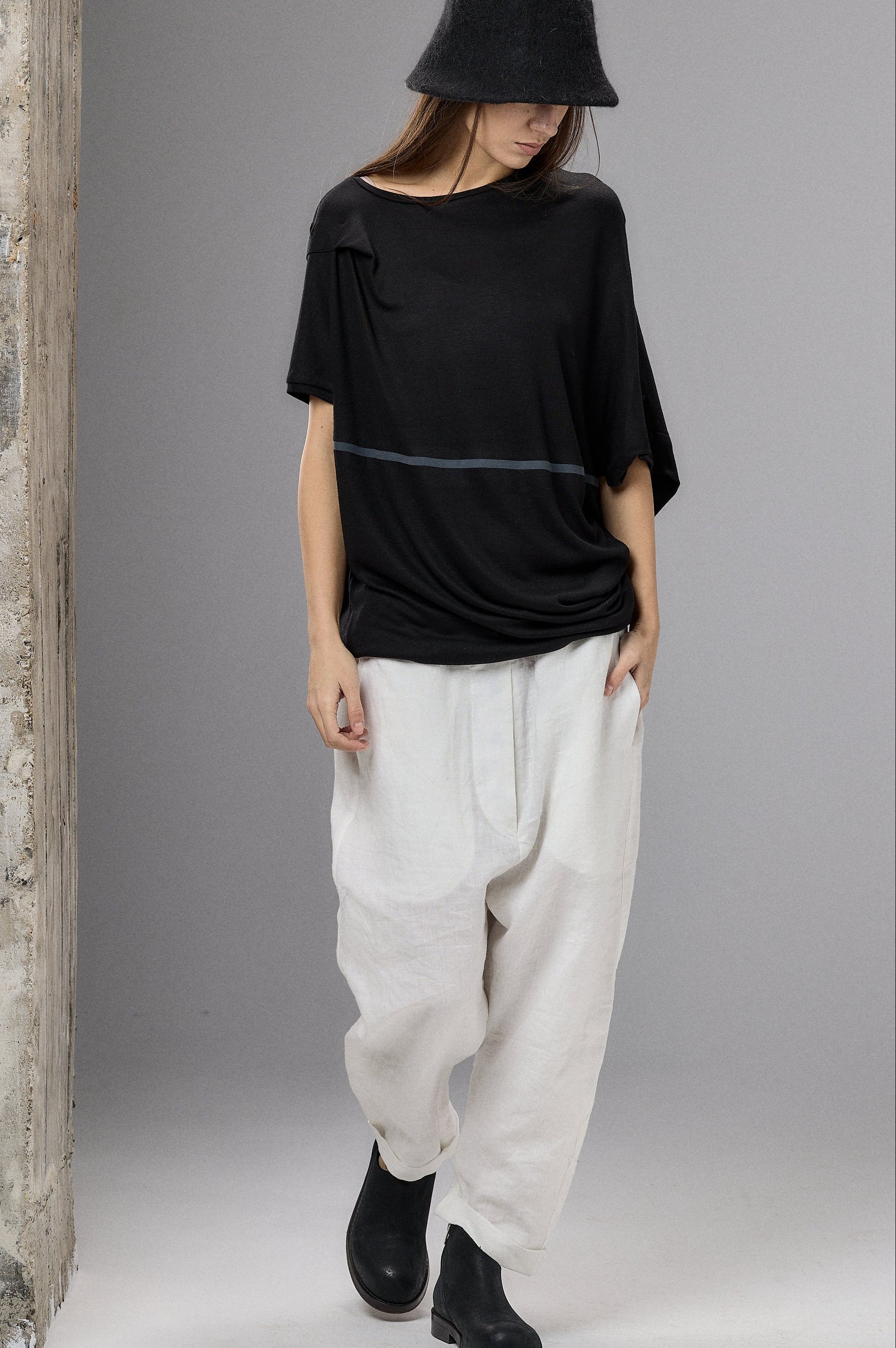 ASYMMETRICAL DRAPED BLACK BLOUSE