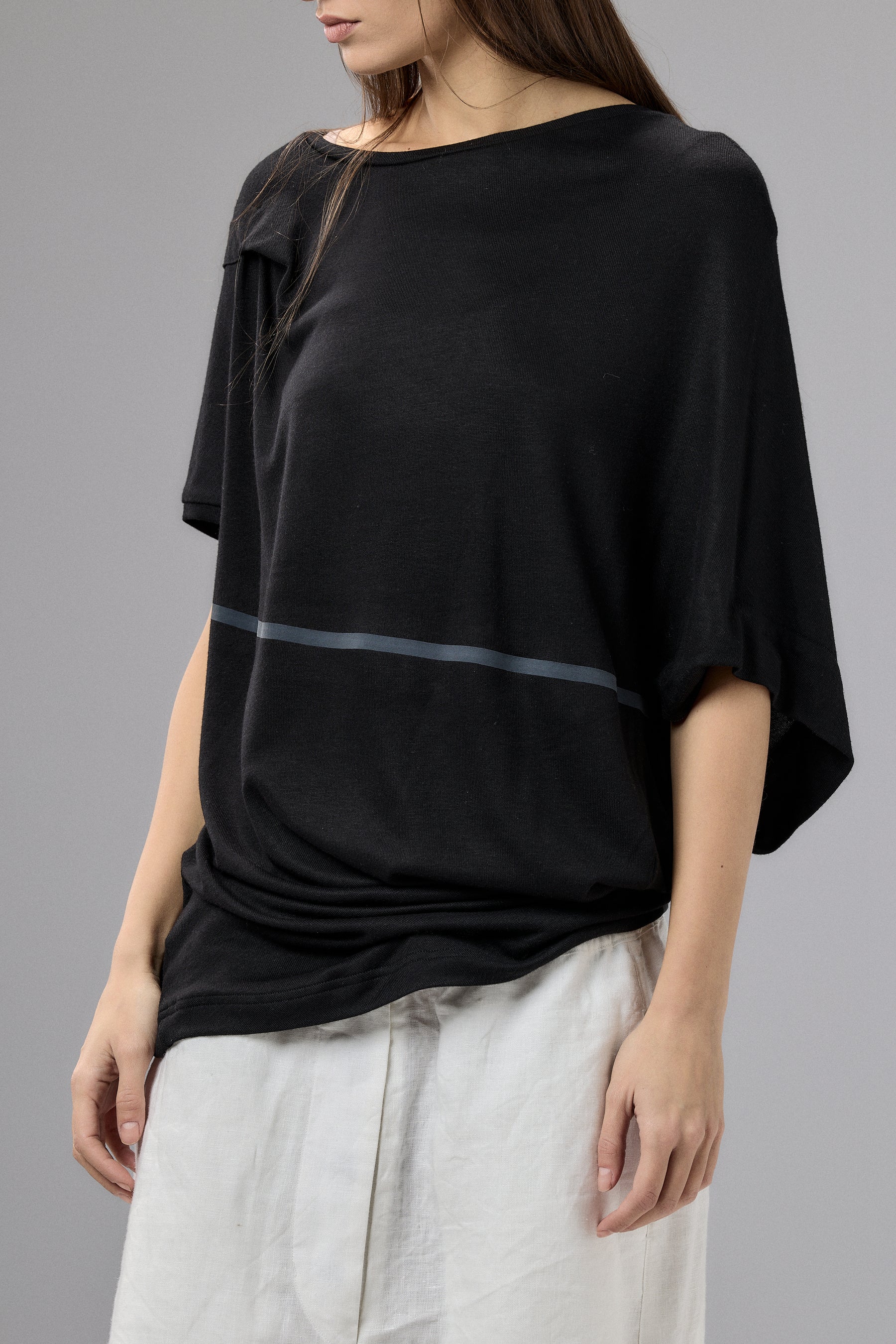 ASYMMETRICAL DRAPED BLACK BLOUSE