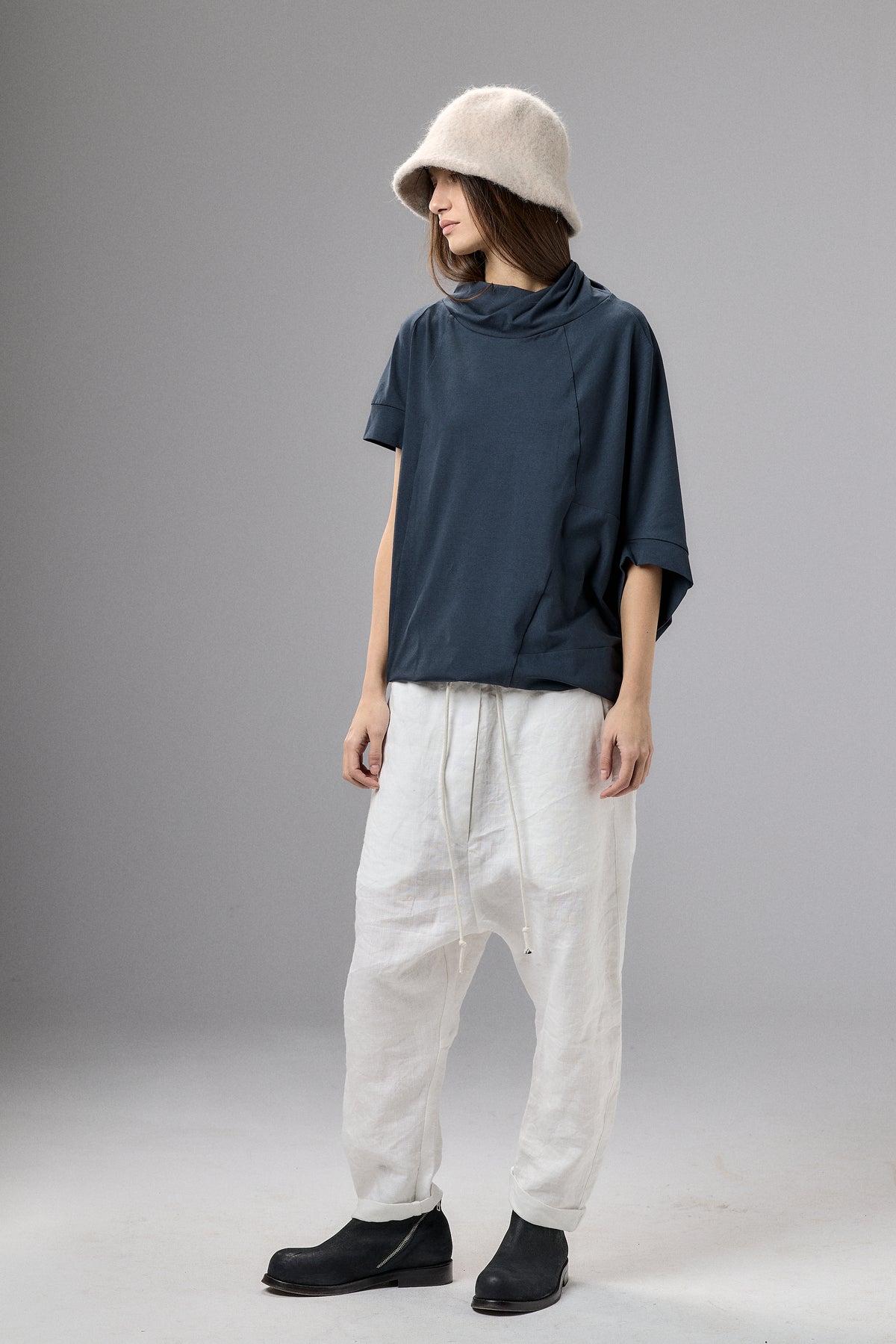 ASYMMETRICAL SLEEVE BLACK COTTON BLOUSE