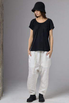 GATHERED NECKLINE SHORT SLEEVE BLACK TOP