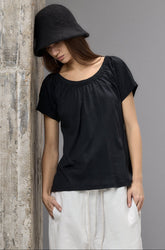 GATHERED NECKLINE SHORT SLEEVE BLACK TOP