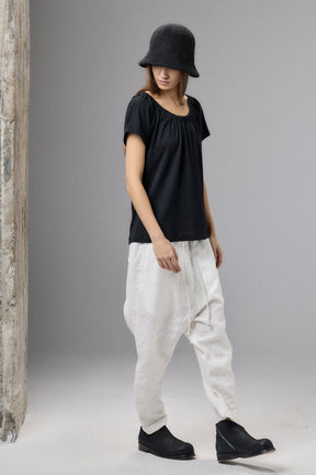 GATHERED NECKLINE SHORT SLEEVE BLACK TOP