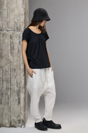 GATHERED NECKLINE SHORT SLEEVE BLACK TOP