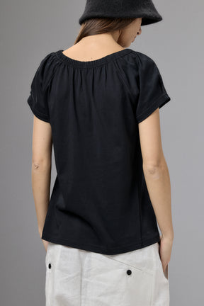 GATHERED NECKLINE SHORT SLEEVE BLACK TOP