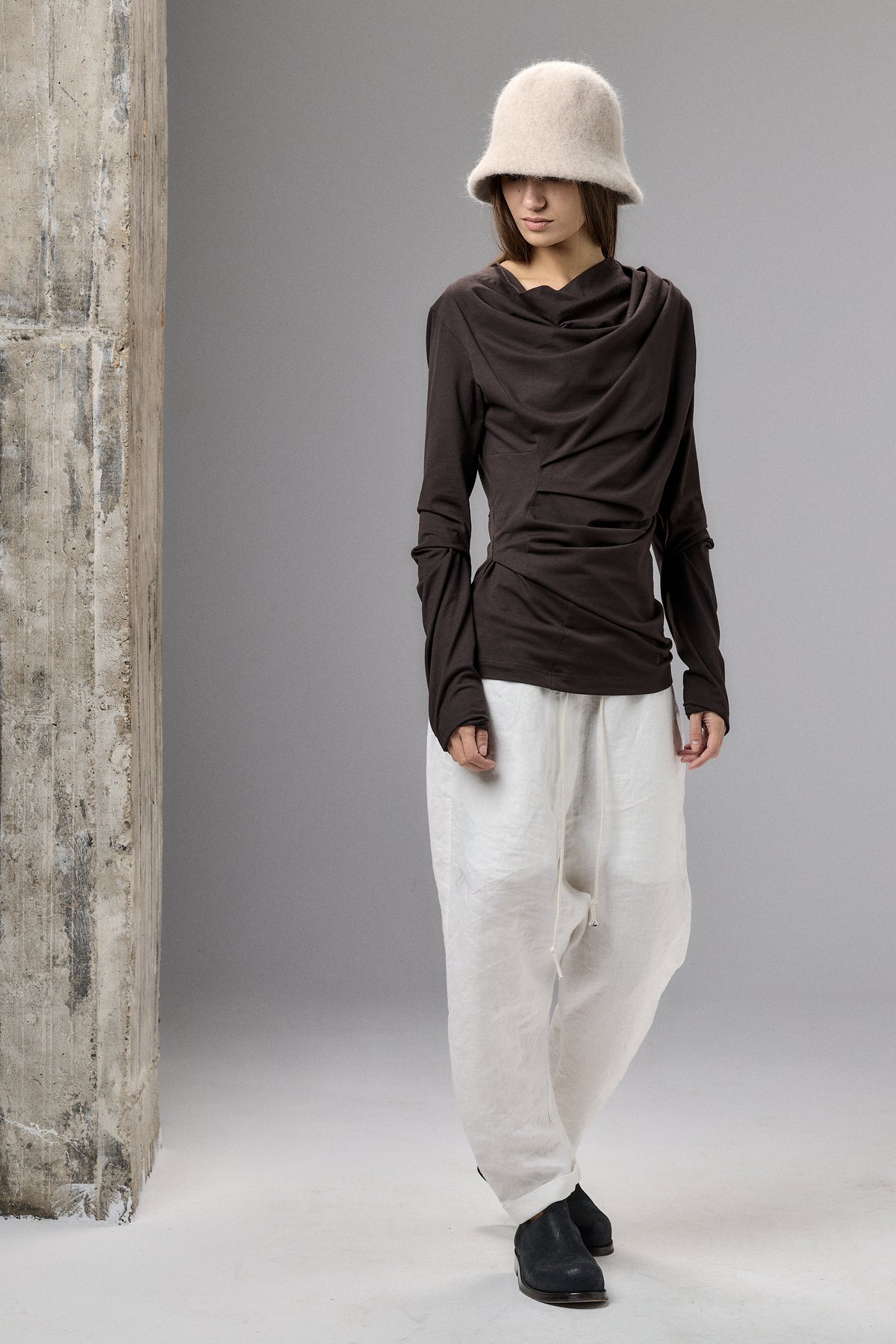 LONG SLEEVE MUTED BLUE DRAPE BLOUSE