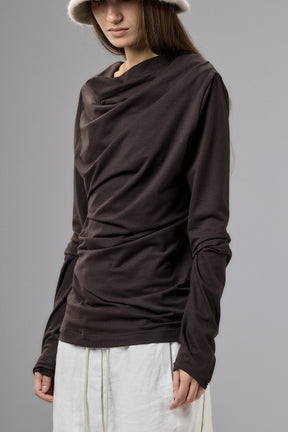 LONG SLEEVE DARK BROWN DRAPE BLOUSE