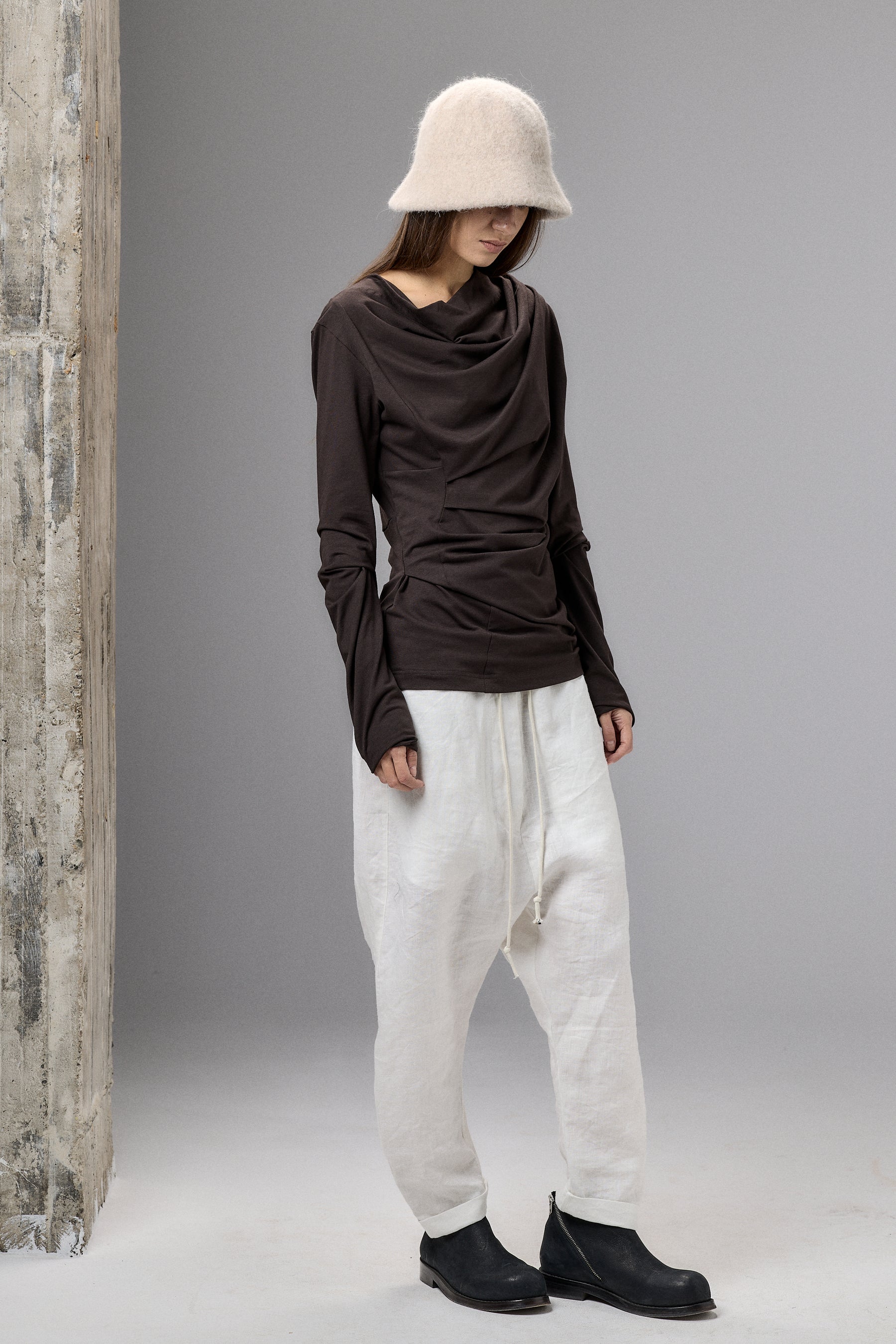LONG SLEEVE DARK BROWN DRAPE BLOUSE