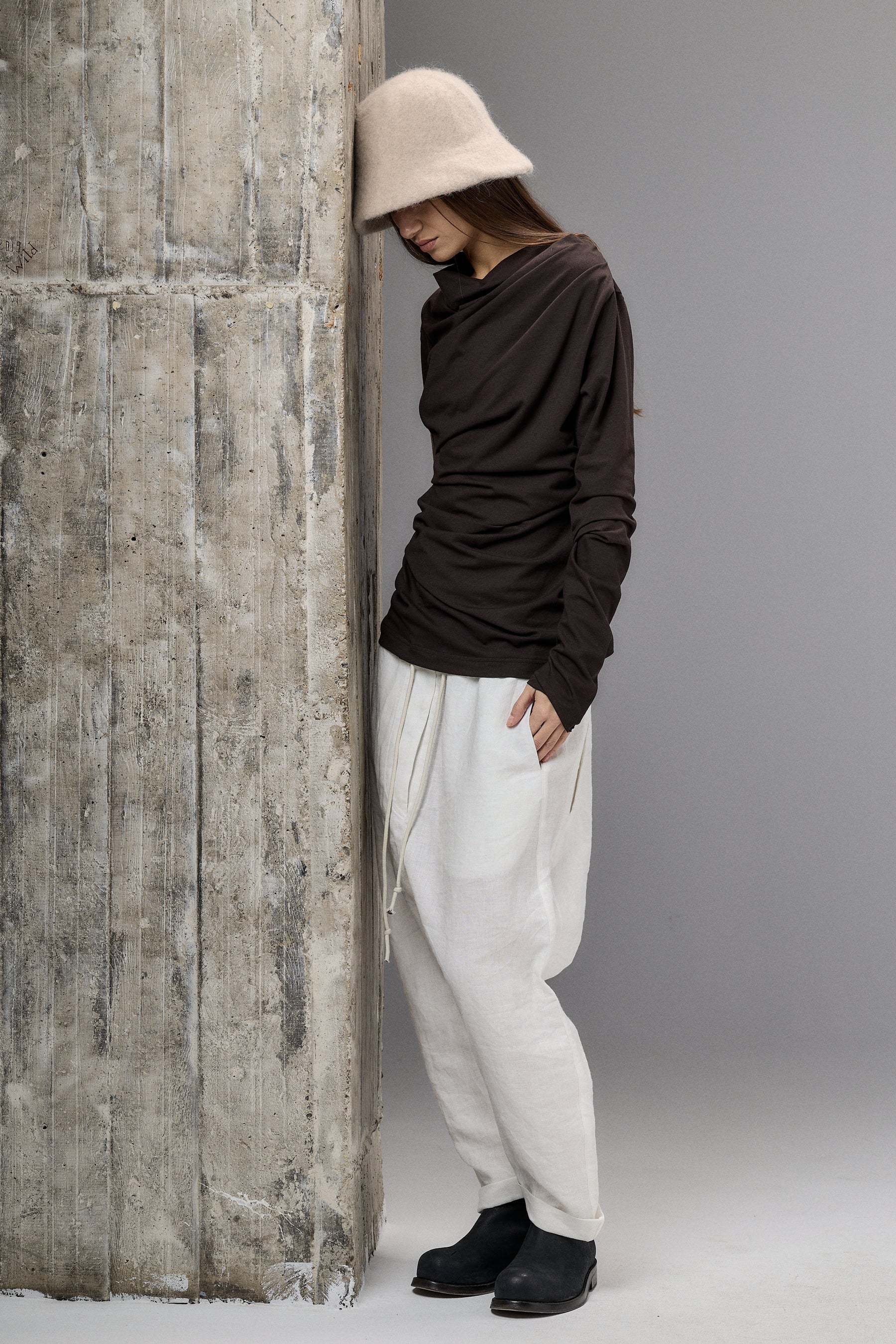 LONG SLEEVE DARK BROWN DRAPE BLOUSE