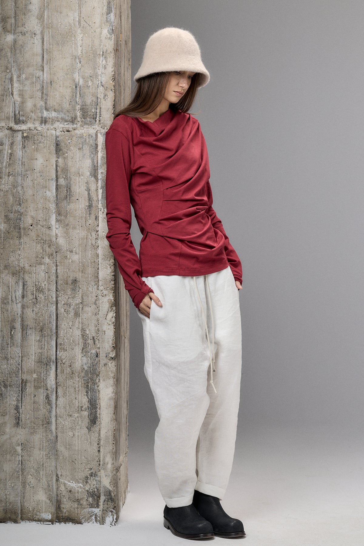 LONG SLEEVE MUTED BLUE DRAPE BLOUSE