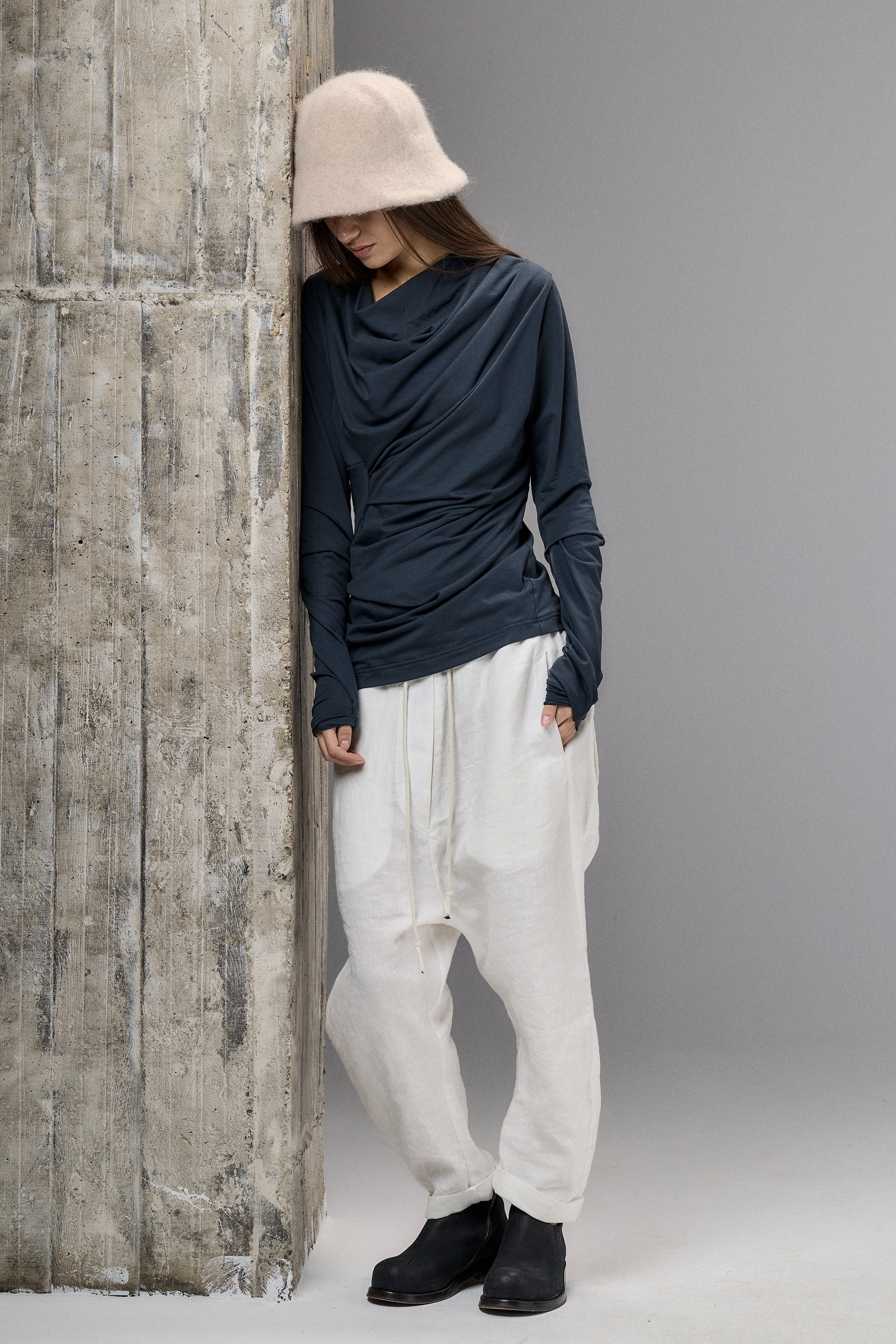 LONG SLEEVE MUTED BLUE DRAPE BLOUSE