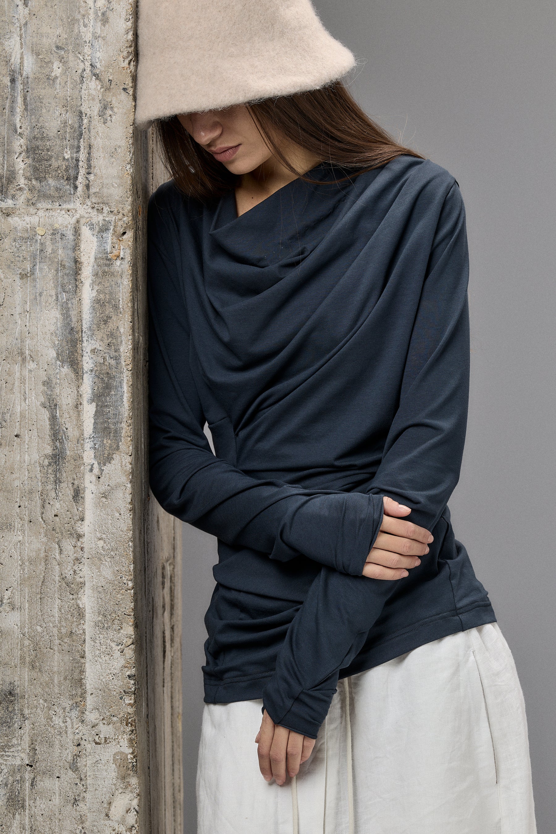 LONG SLEEVE MUTED BLUE DRAPE BLOUSE