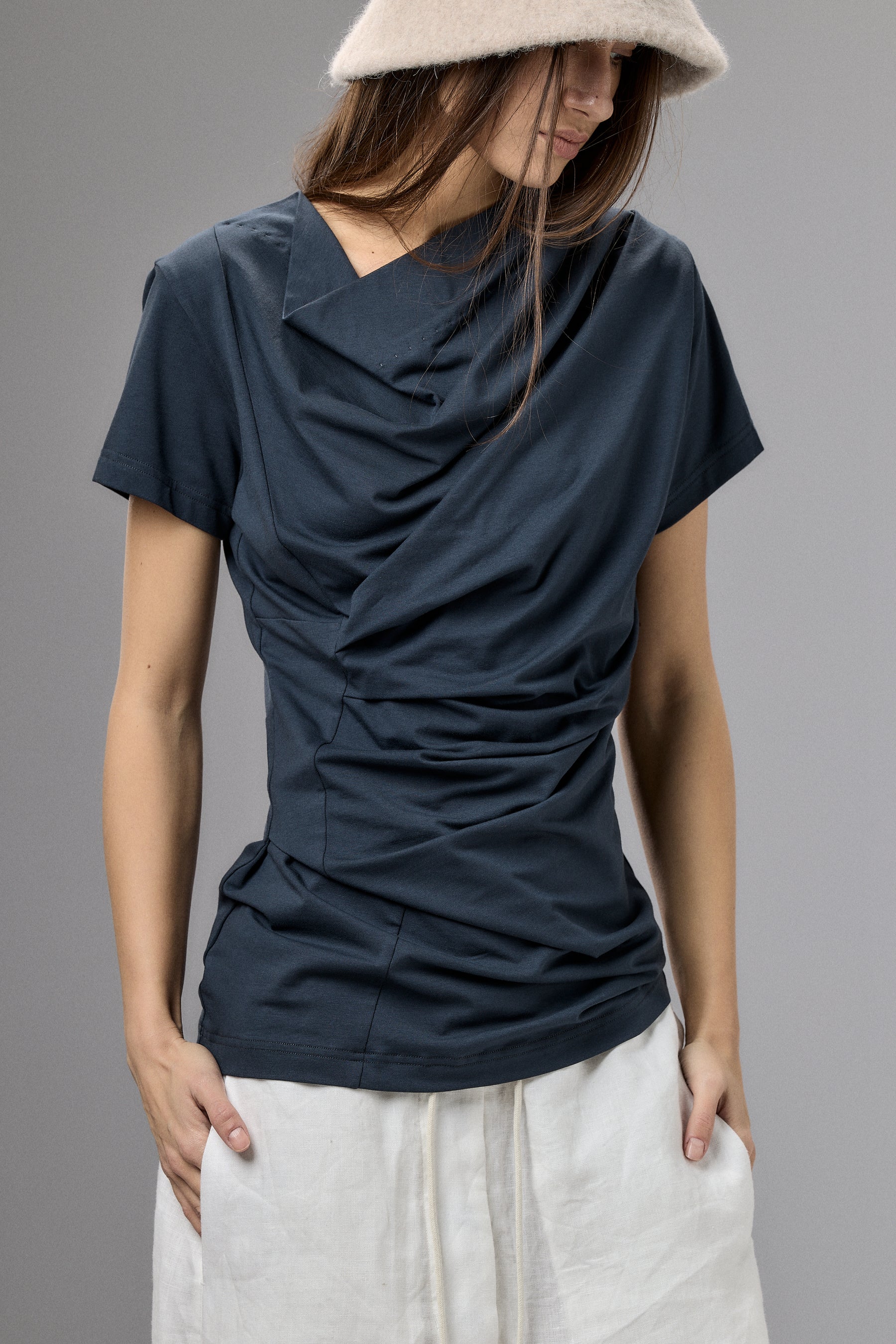 SHORT SLEEVE BLACK DRAPE BLOUSE