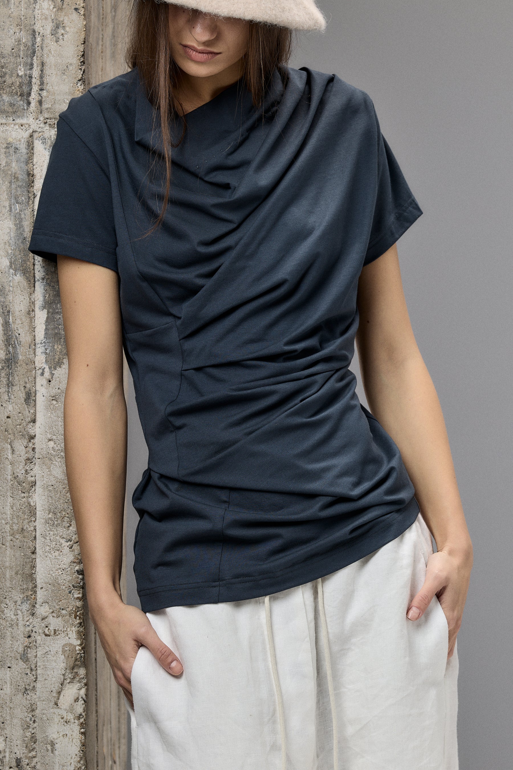 SHORT SLEEVE BLACK DRAPE BLOUSE