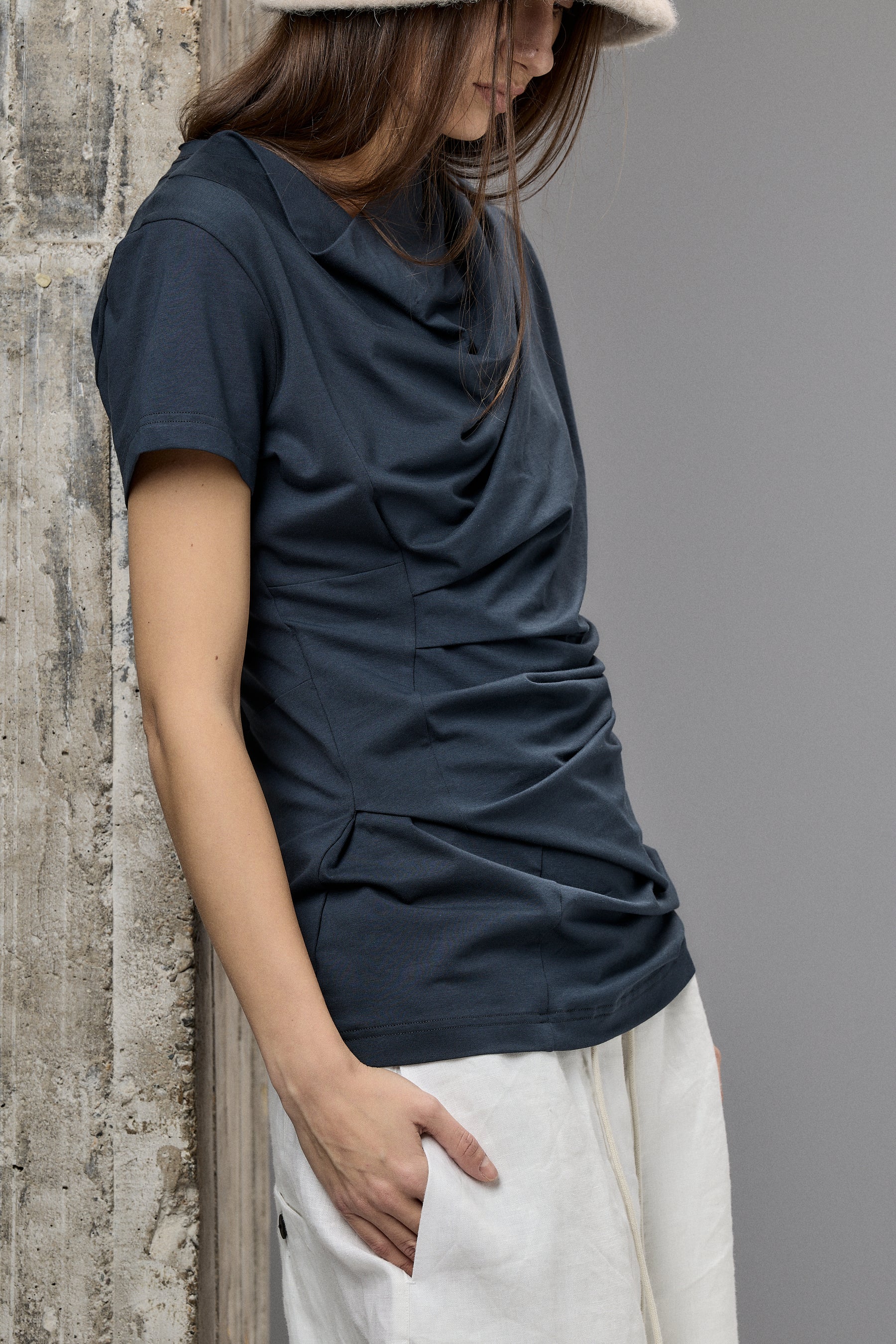 SHORT SLEEVE BLACK DRAPE BLOUSE