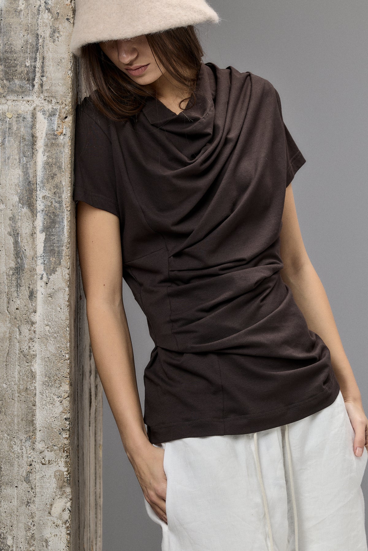 SHORT SLEEVE BLACK DRAPE BLOUSE