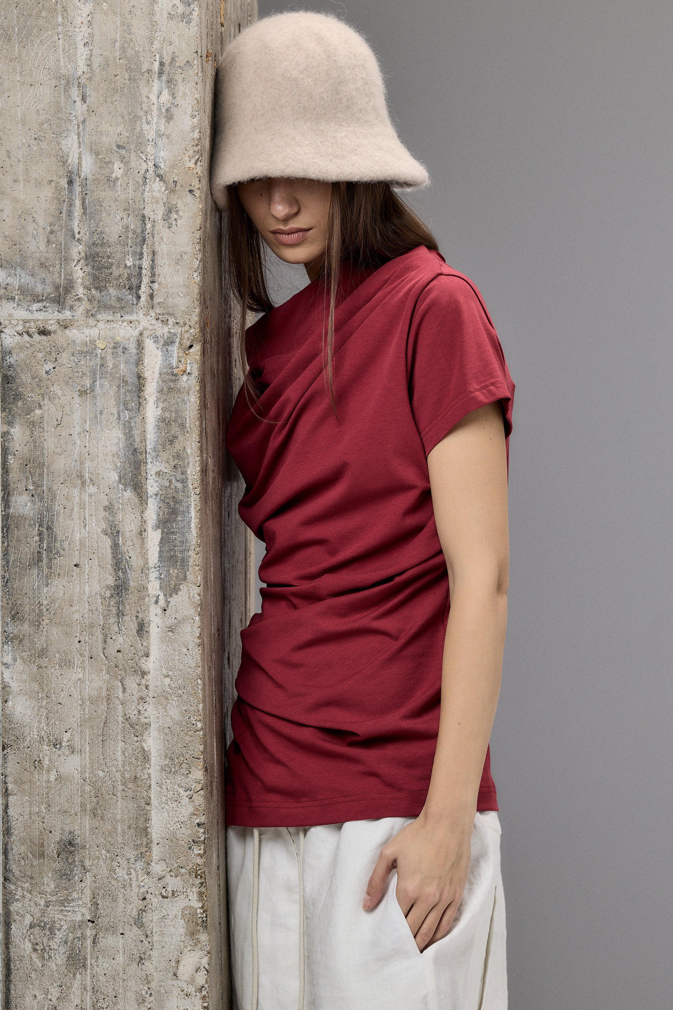 SHORT SLEEVE RUBY RED DRAPE BLOUSE