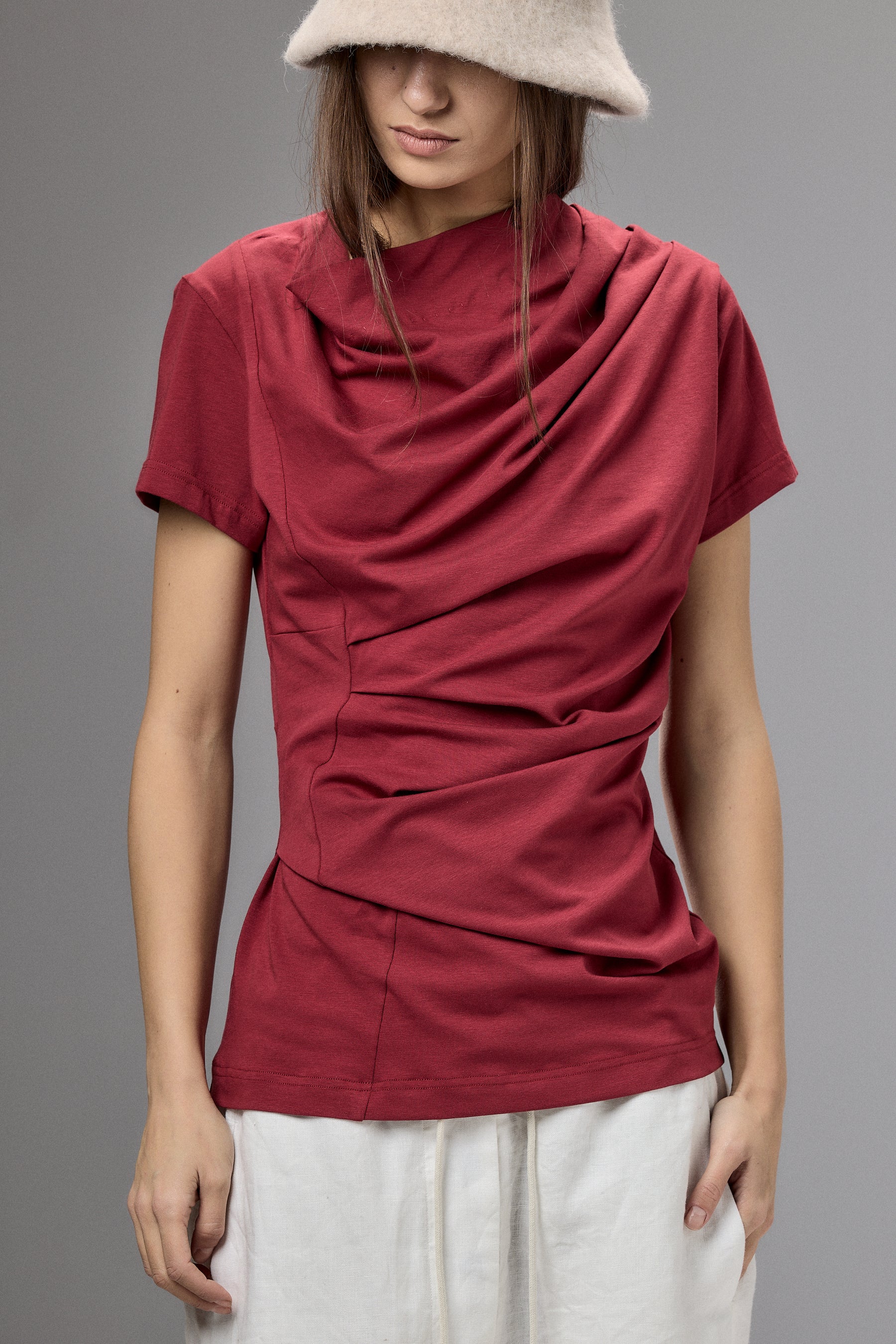 SHORT SLEEVE BLACK DRAPE BLOUSE