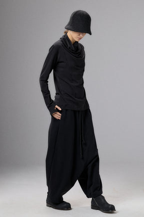 BLACK WIDE DROP CROTCH COTTON PANTS