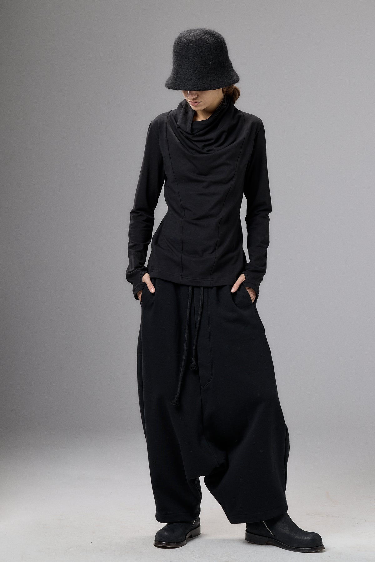 BLACK WIDE DROP CROTCH COTTON PANTS