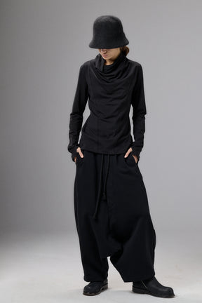 BLACK WIDE DROP CROTCH COTTON PANTS