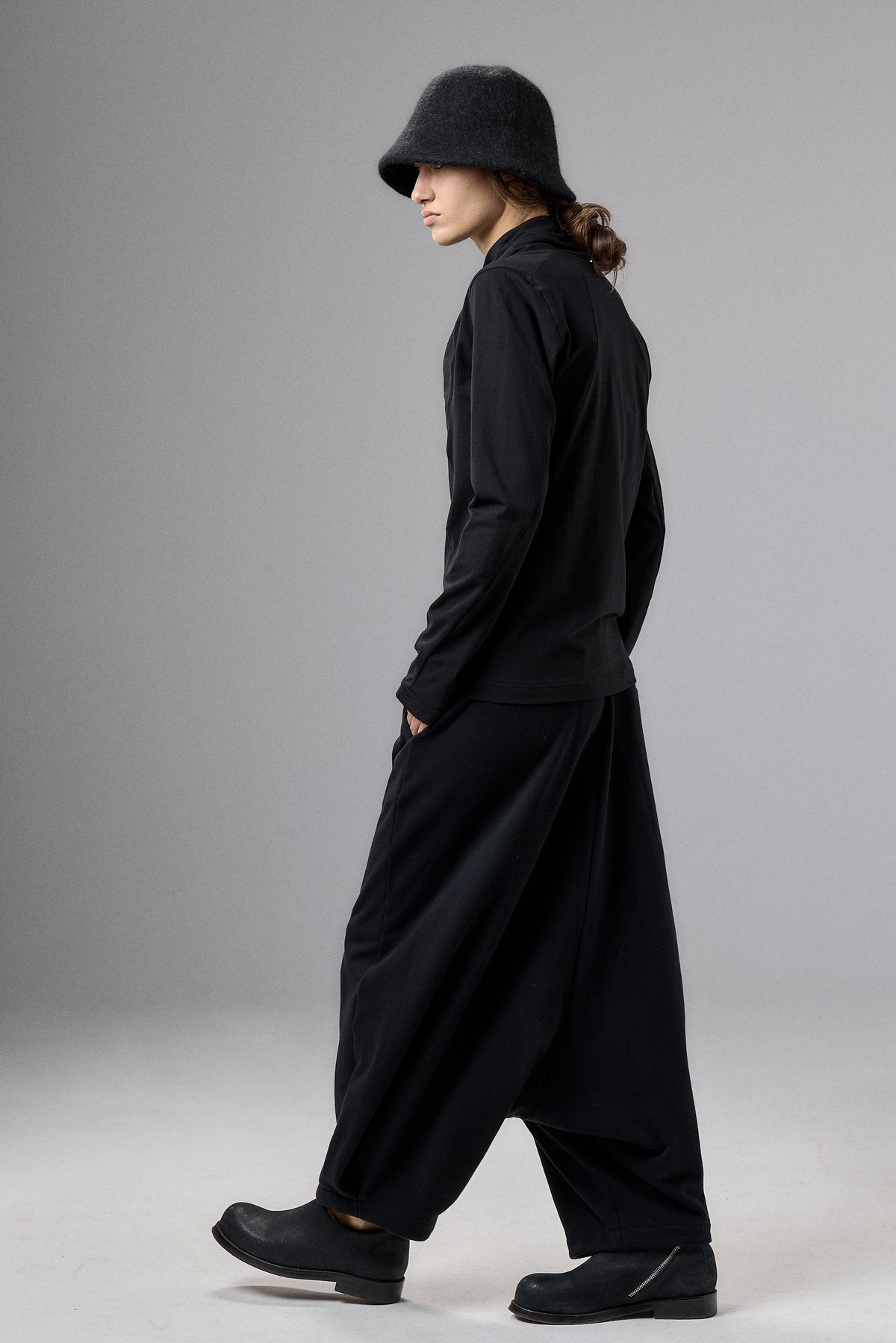 BLACK WIDE DROP CROTCH COTTON PANTS