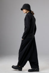 BLACK WIDE DROP CROTCH COTTON PANTS