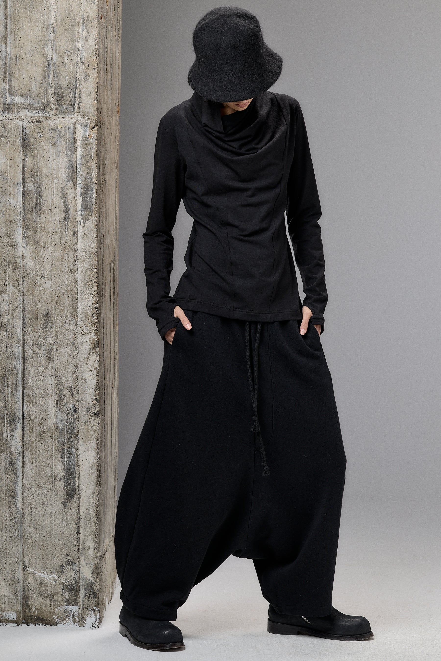 BLACK WIDE DROP CROTCH COTTON PANTS
