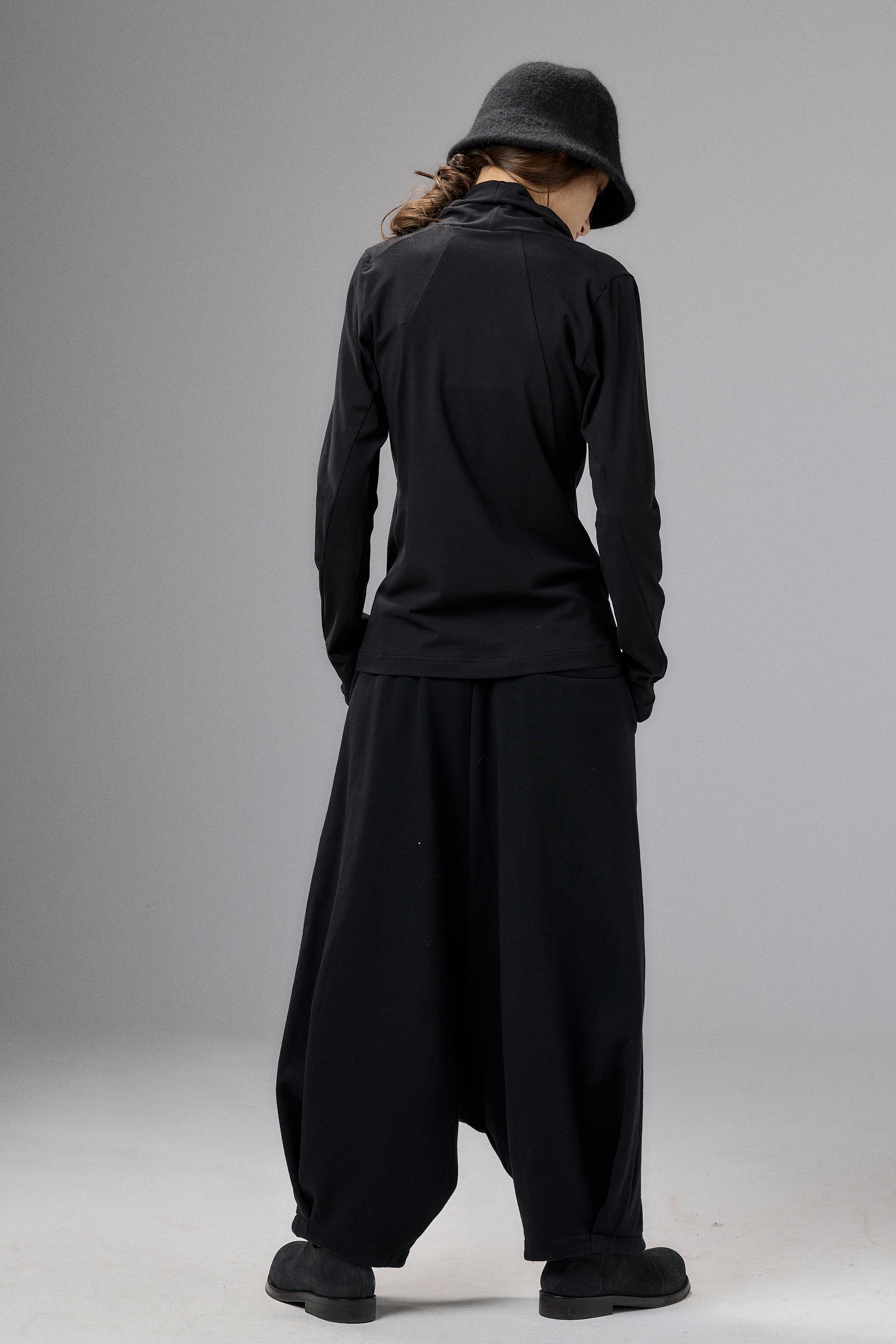 BLACK WIDE DROP CROTCH COTTON PANTS