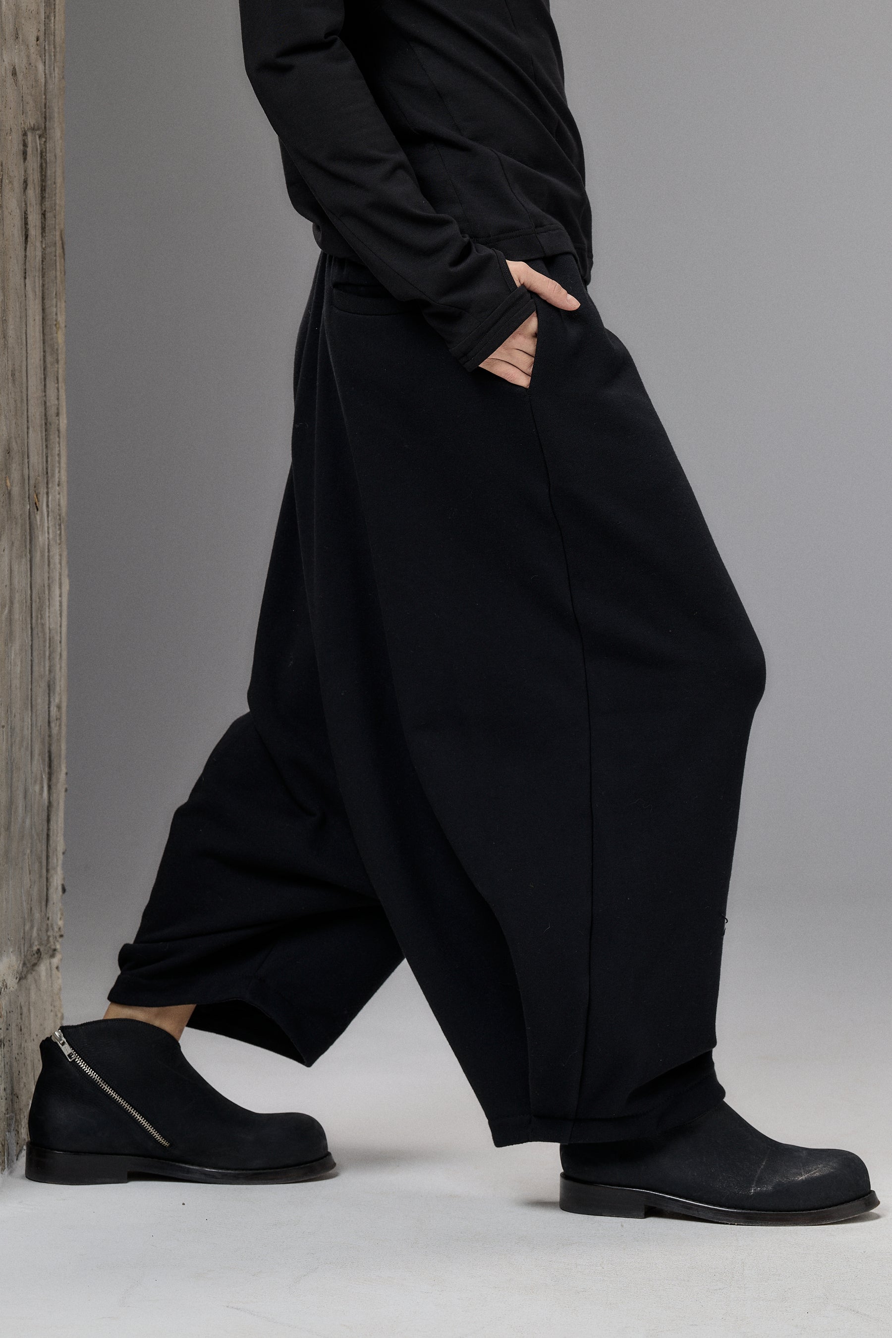 BLACK WIDE DROP CROTCH COTTON PANTS