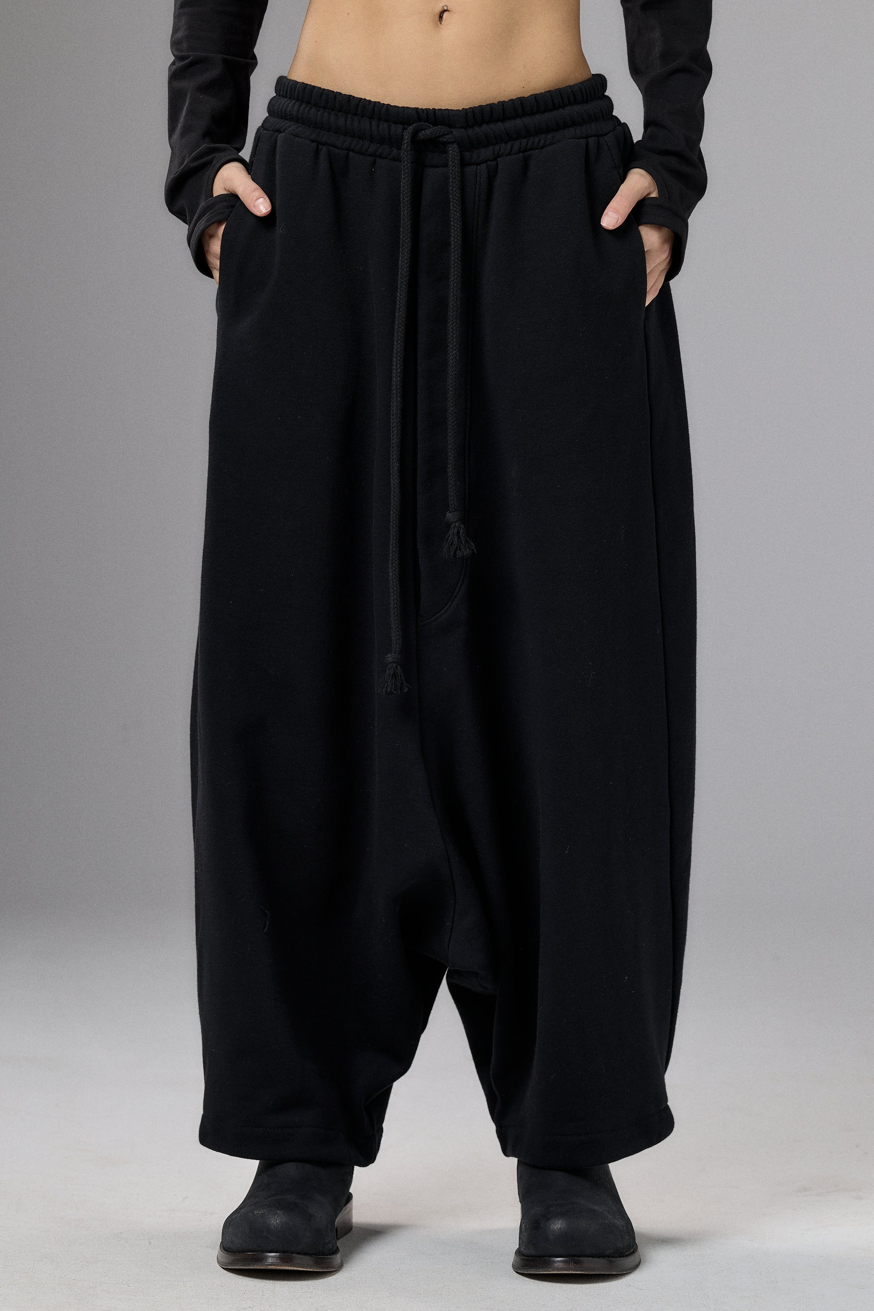 BLACK WIDE DROP CROTCH COTTON PANTS