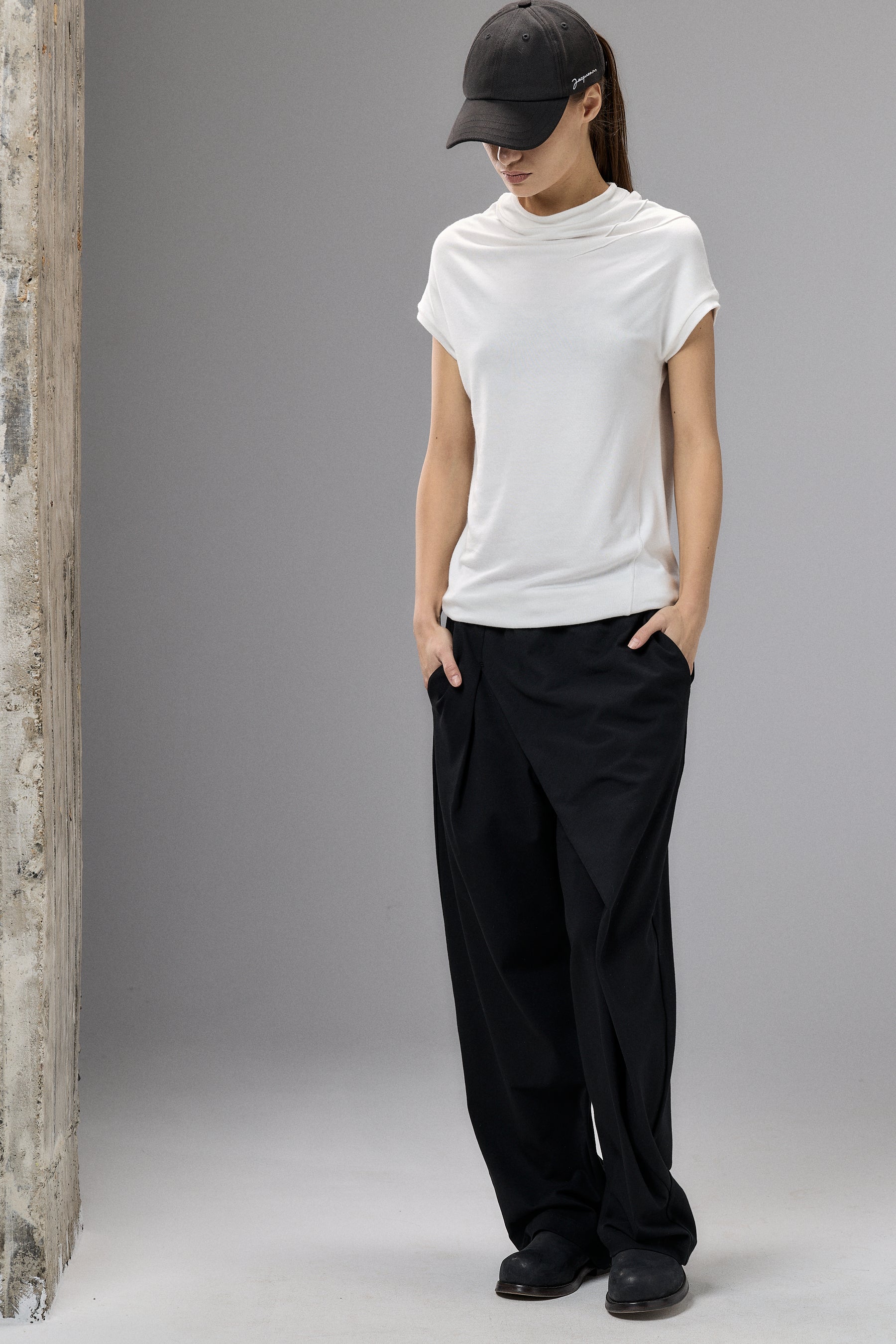 BLACK ASYMMETRICAL WRAP PANTS