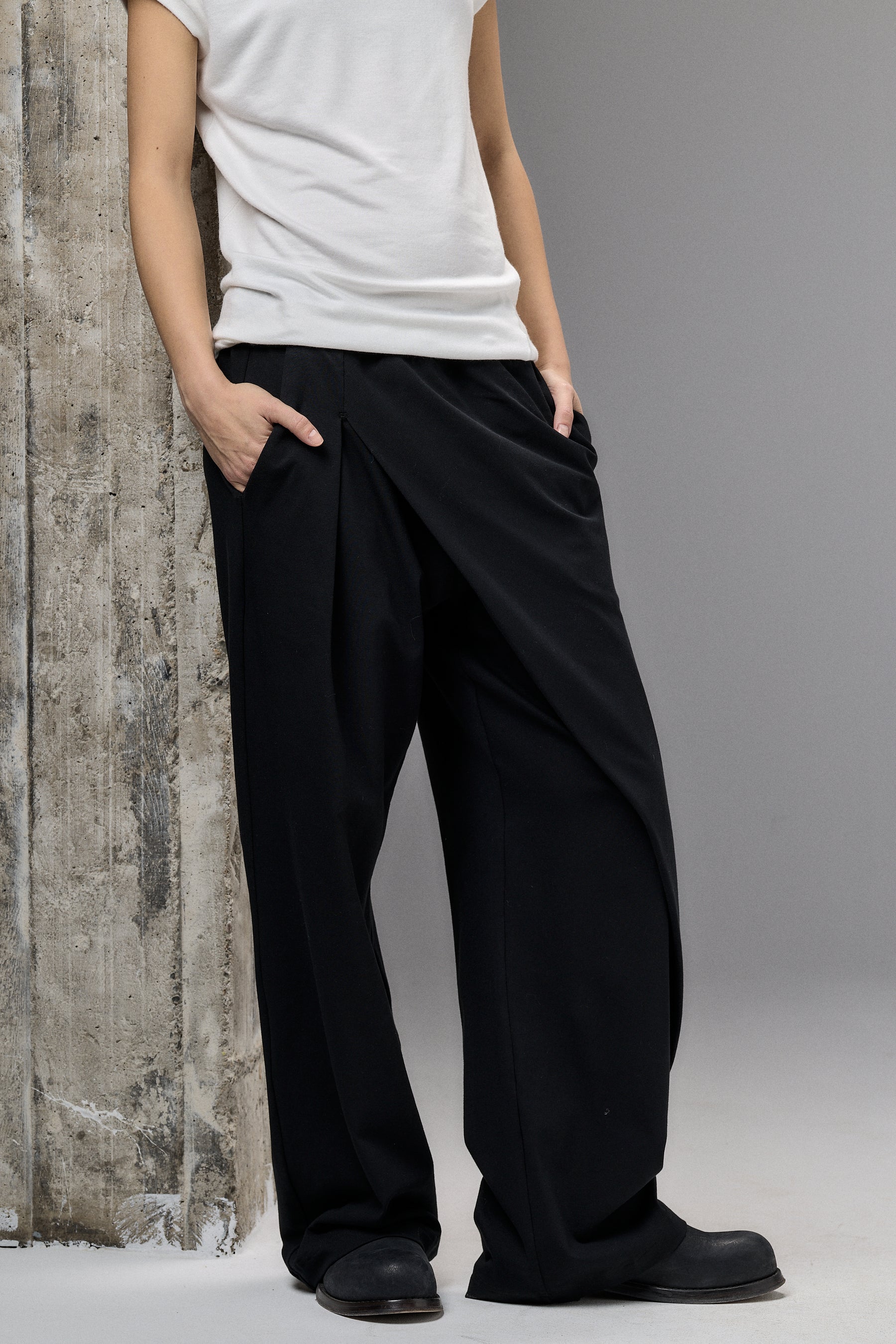 BLACK ASYMMETRICAL WRAP PANTS