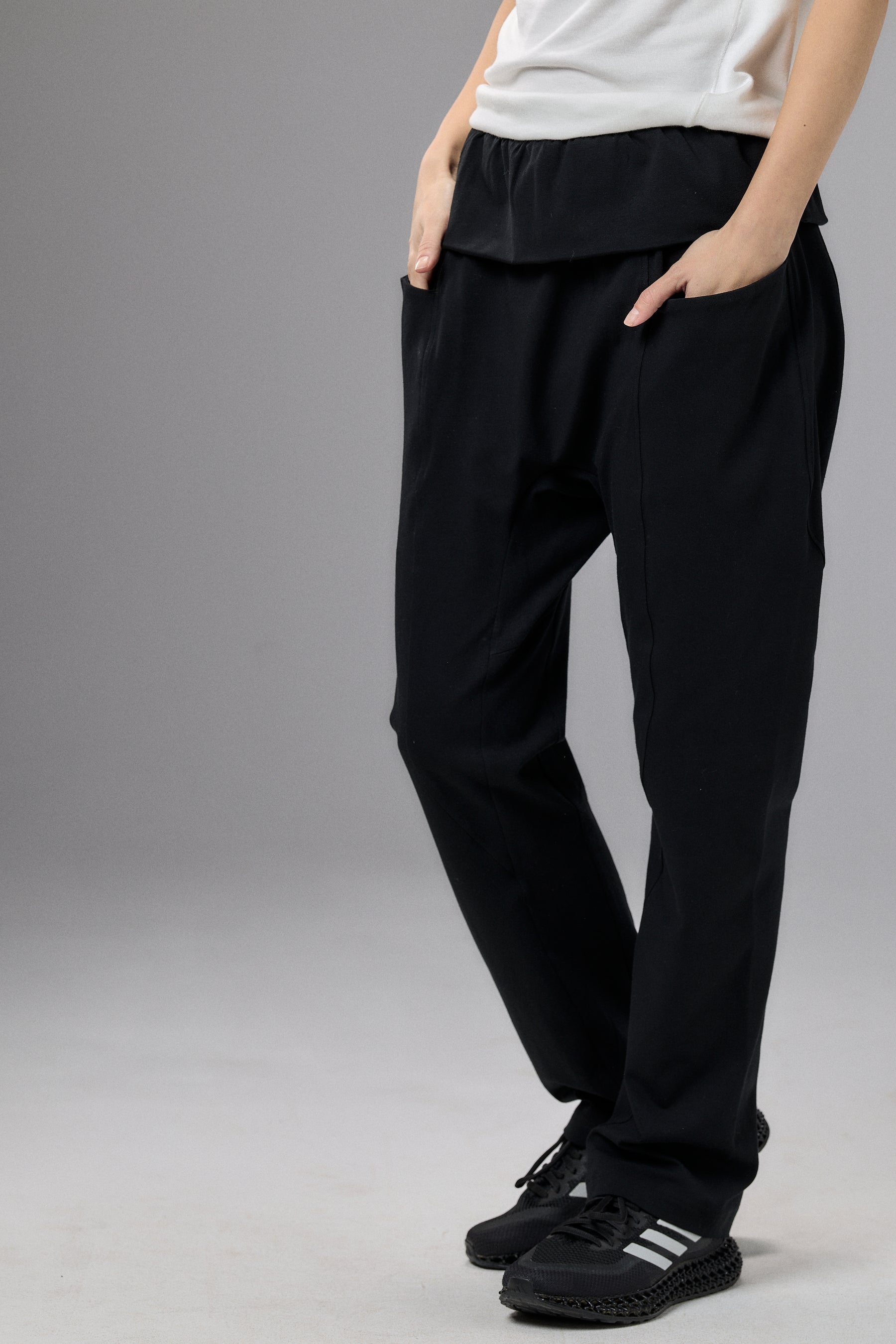BLACK DROP CROTCH PANTS WITH POCKETS
