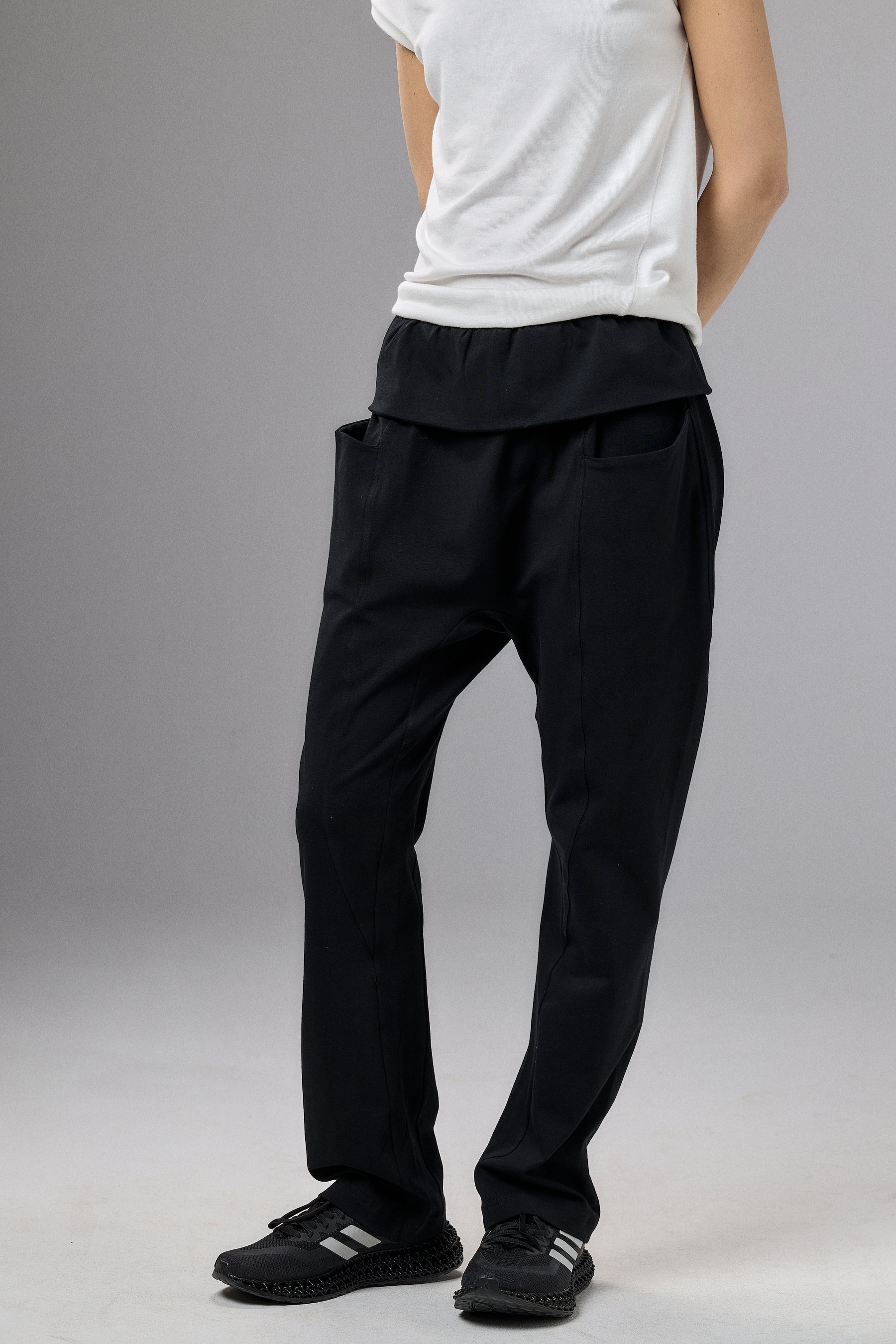 BLACK DROP CROTCH PANTS WITH POCKETS