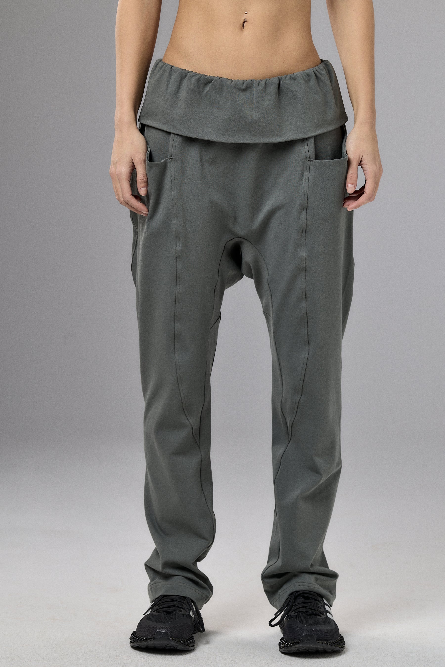 OLIVE GREEN DROP CROTCH PANTS WITH POCKETS