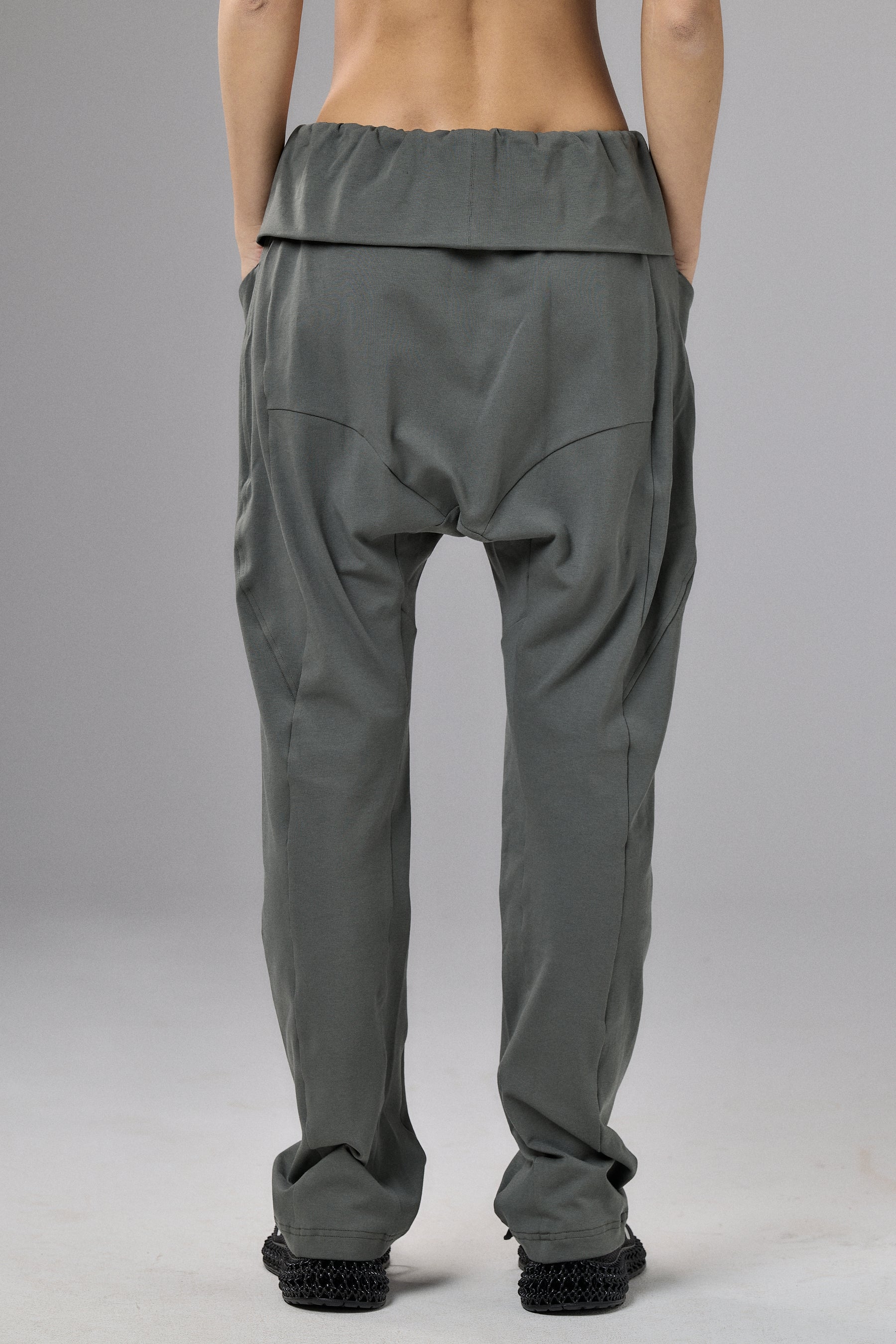 OLIVE GREEN DROP CROTCH PANTS WITH POCKETS