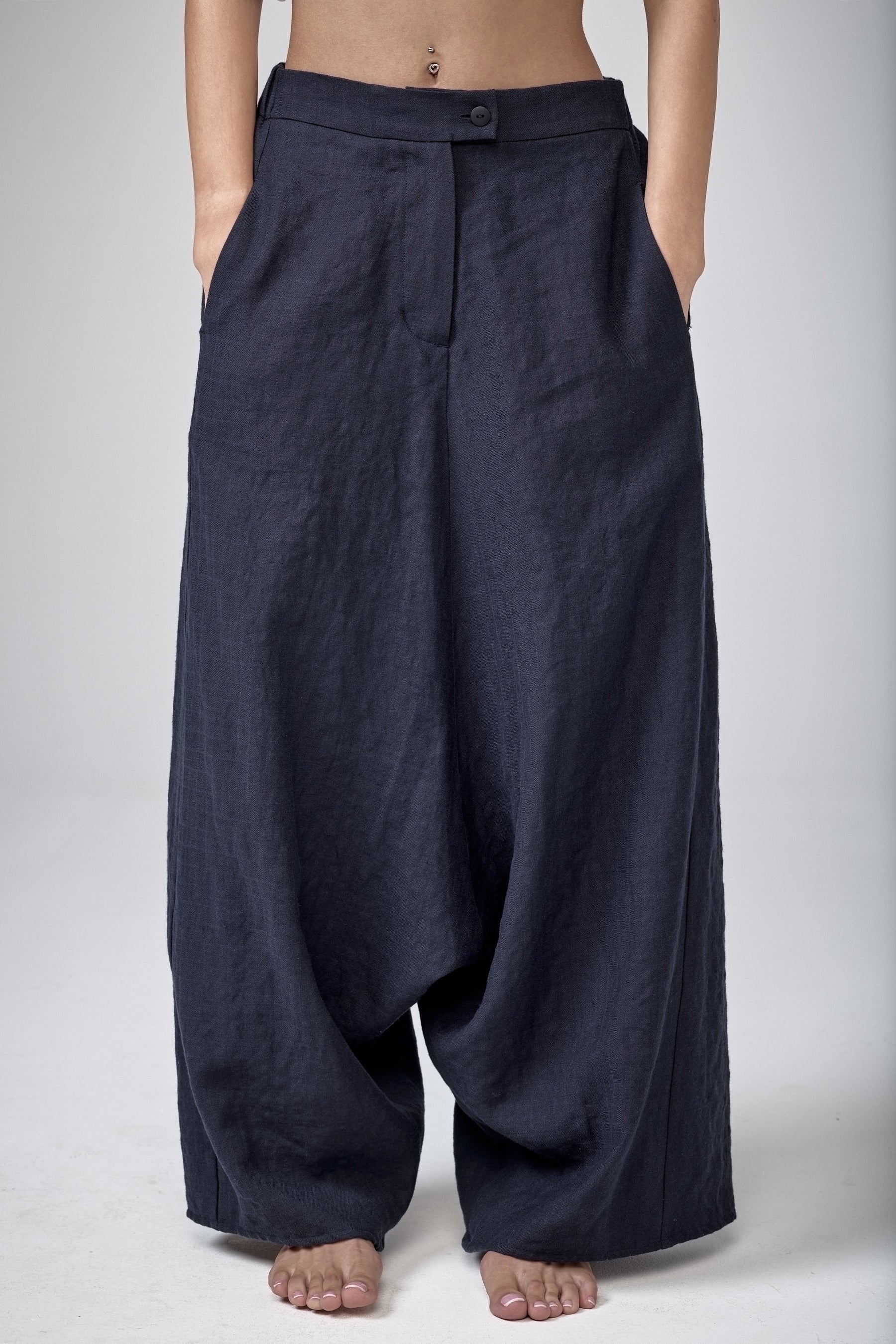 INK BLUE LOW CROTCH LINEN PANTS