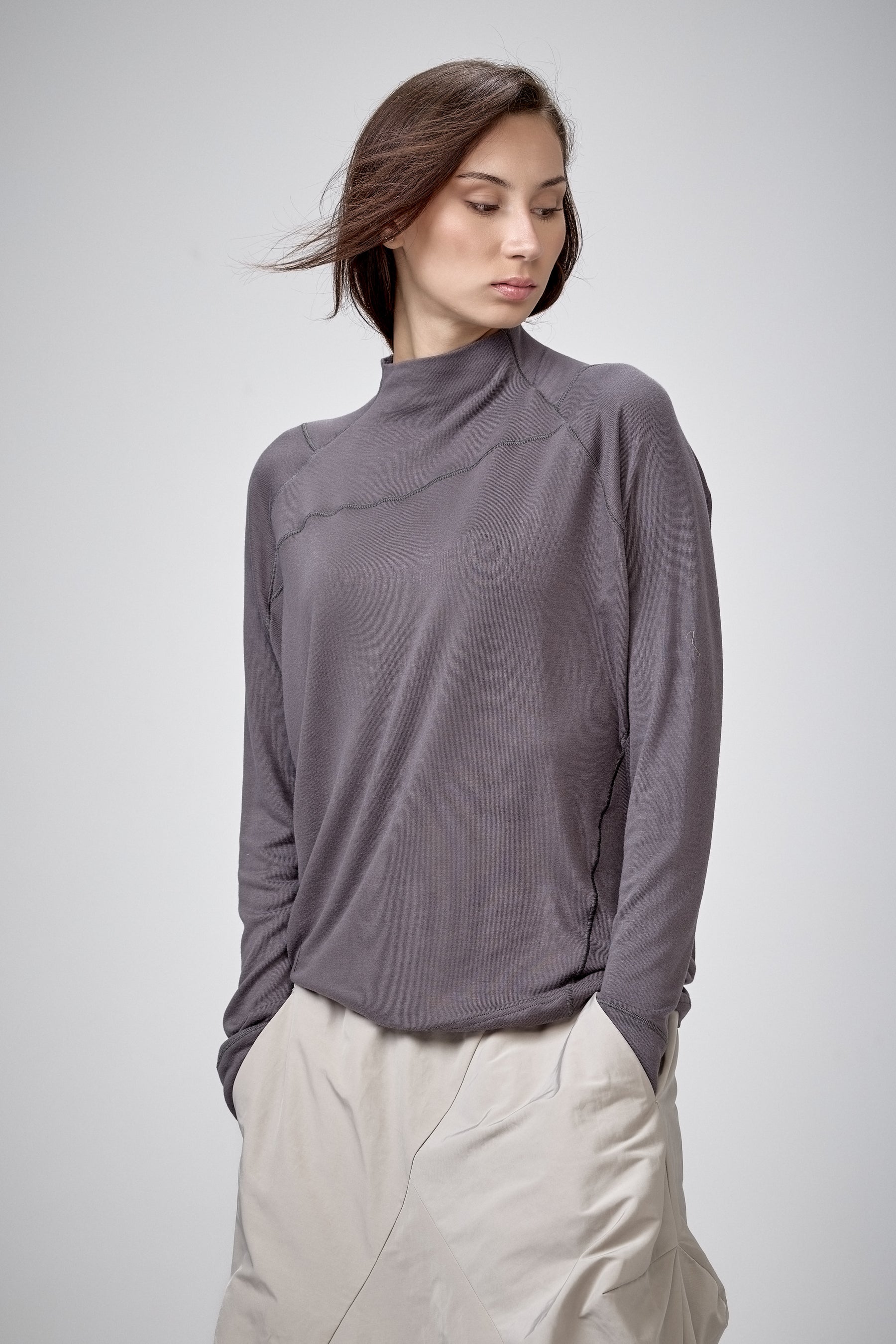 SLATE BLUE MOCK NECK LOOSE TOP