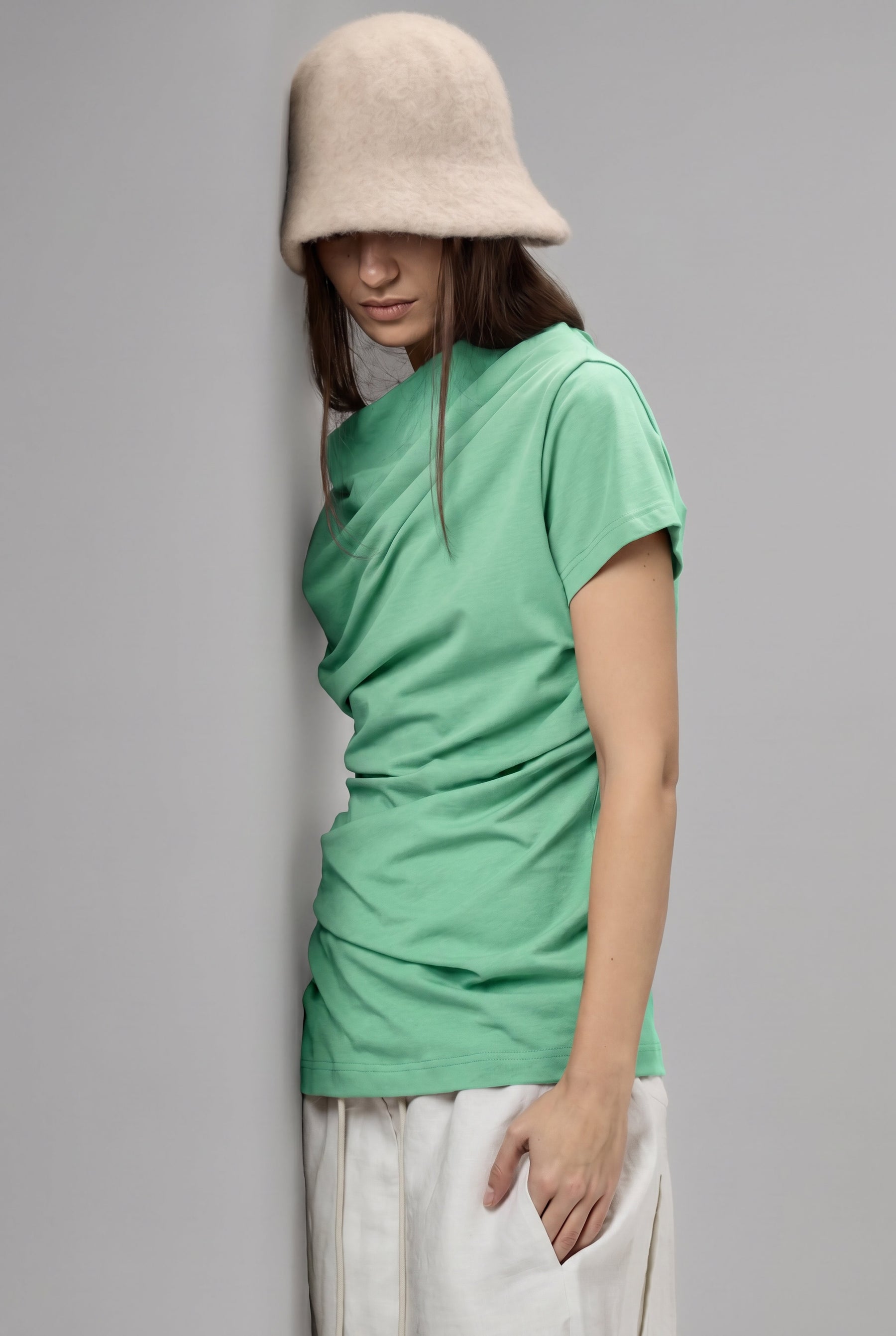 MINT GREEN SHORT SLEEVE DRAPE BLOUSE