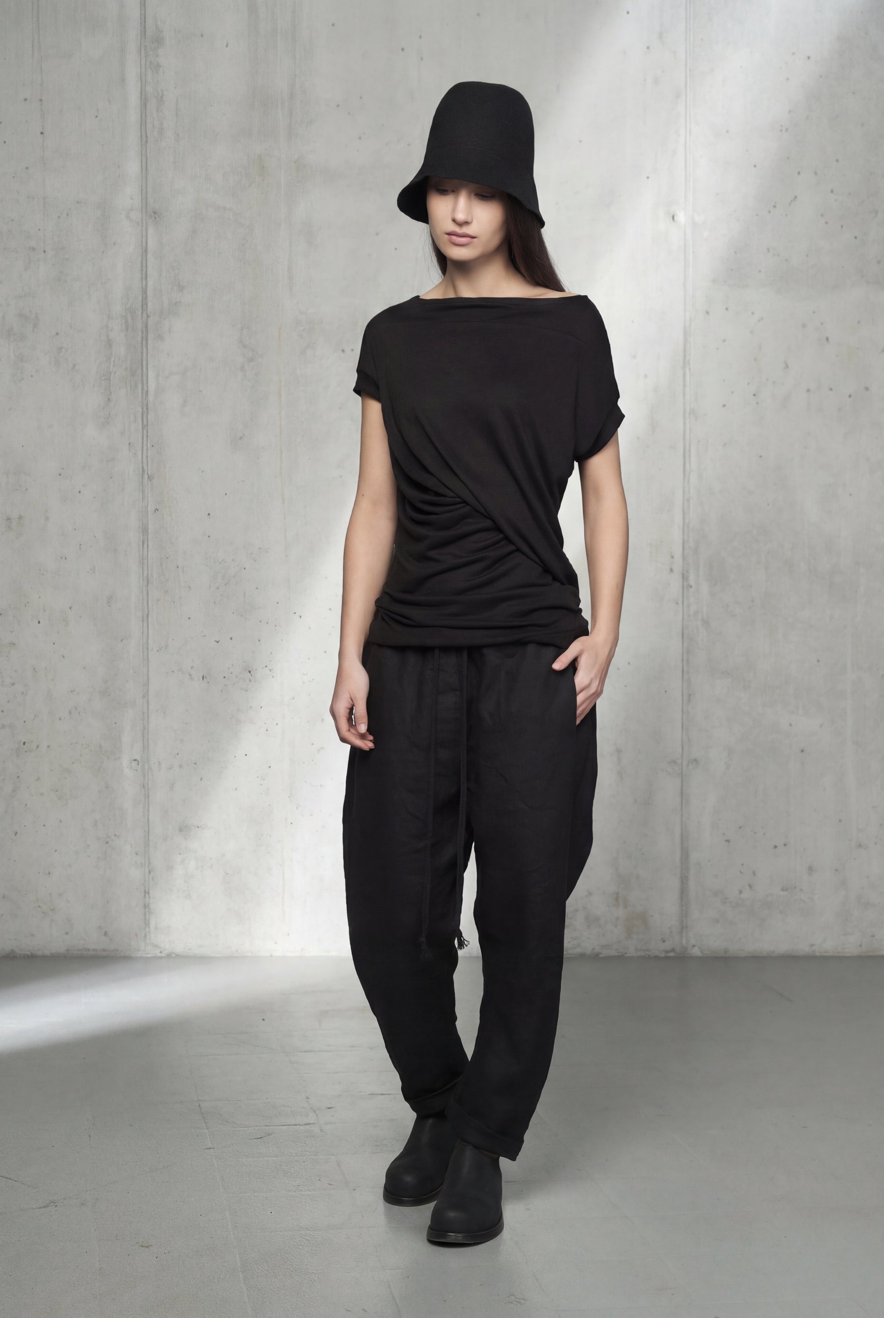 ASYMMETRICAL BLACK DRAPED  WRAP TOP