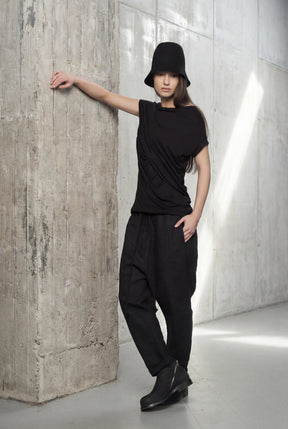 ASYMMETRICAL BLACK DRAPED  WRAP TOP