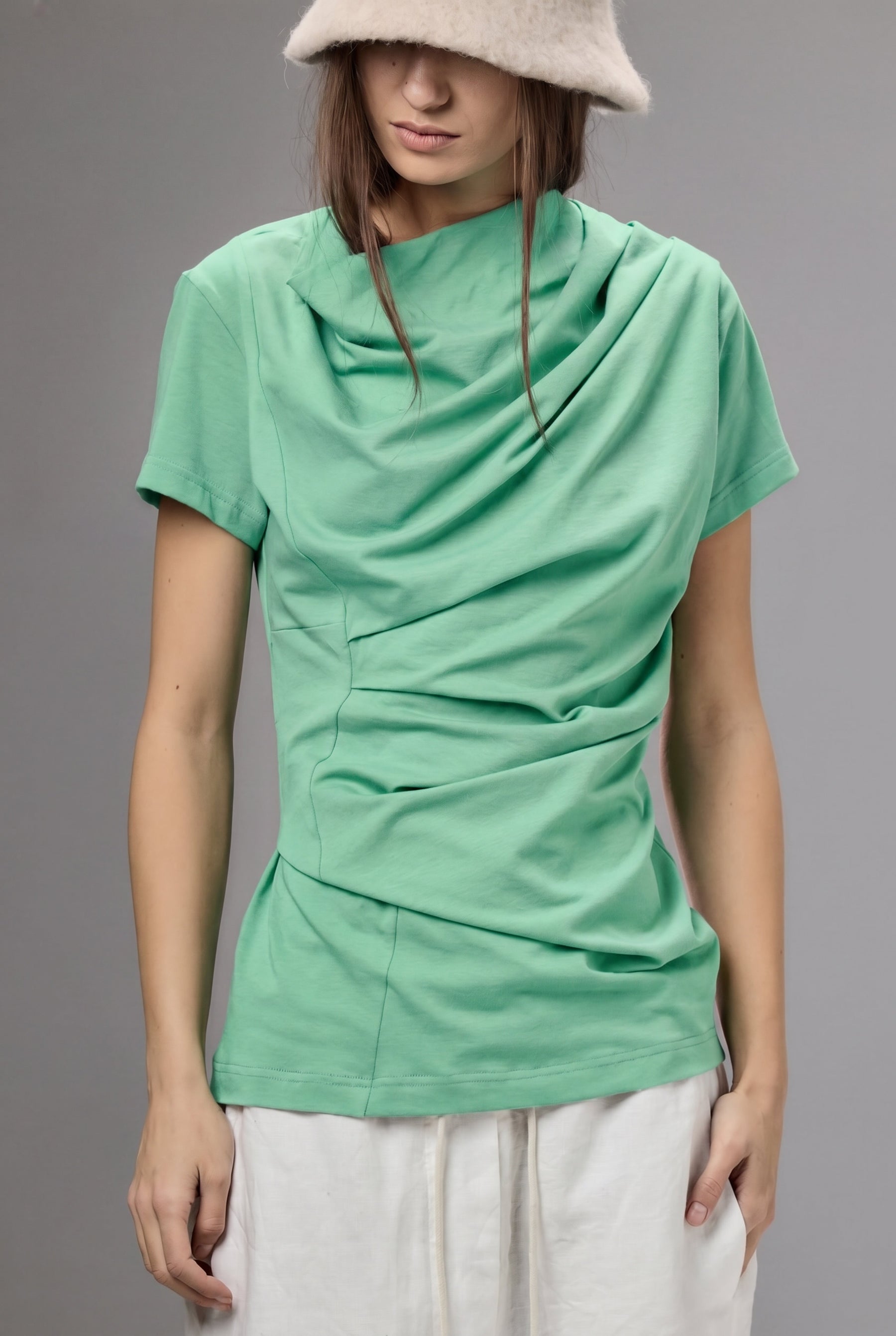 MINT GREEN SHORT SLEEVE DRAPE BLOUSE