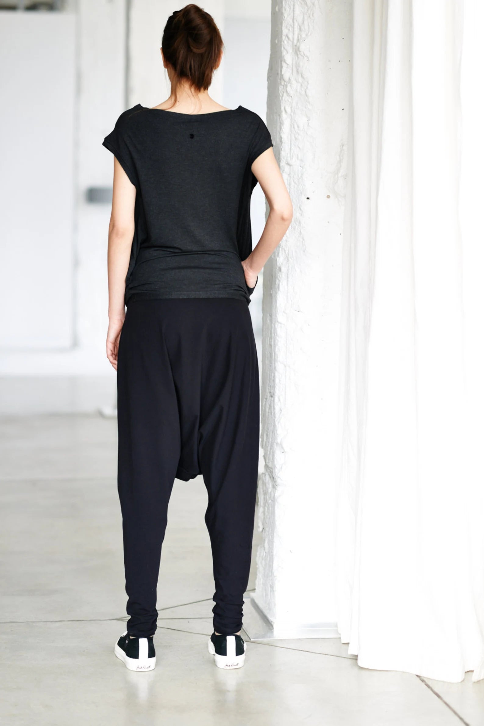BLACK DROP CROTCH COTTON PANTS