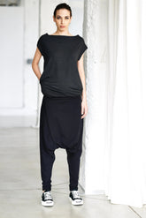 BLACK DROP CROTCH COTTON PANTS