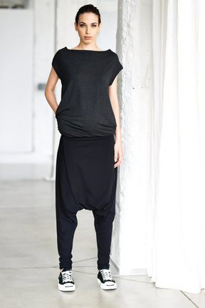 BLACK DROP CROTCH COTTON PANTS