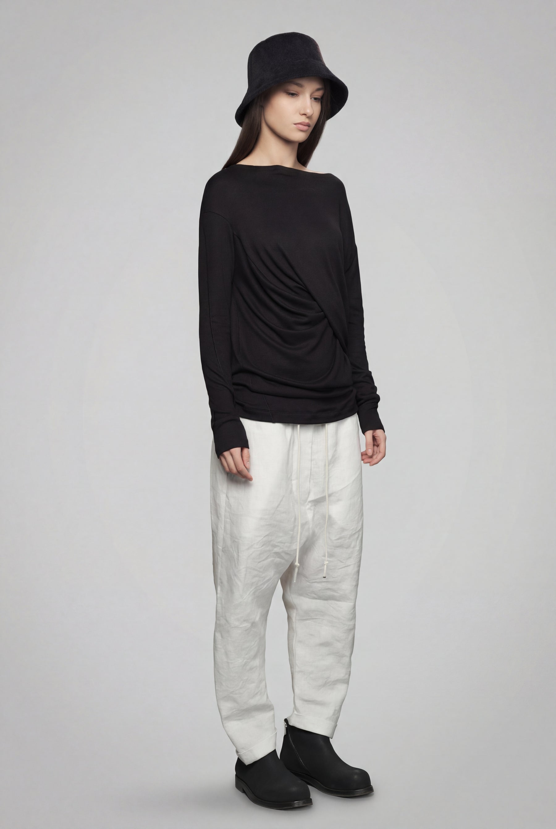 BLACK DRAPED WRAP LONG SLEEVE TOP